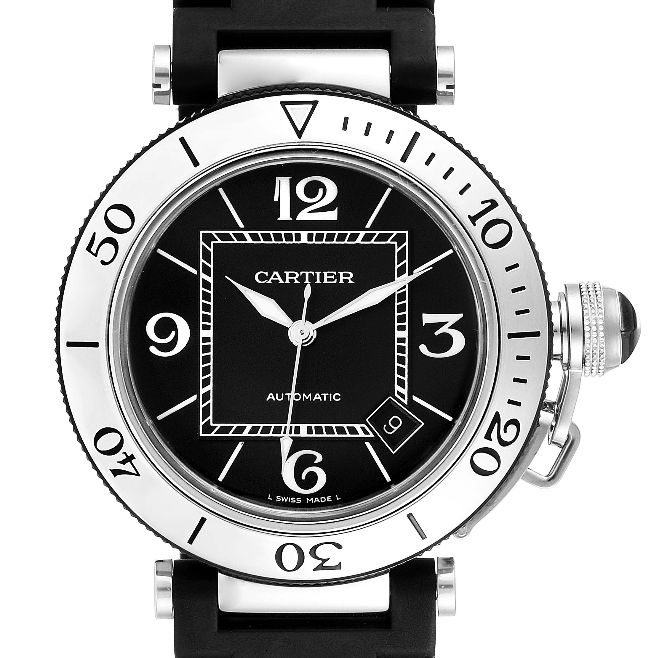 This image shows a Cartier Pasha W31077U2 Men's Stainless Steel Black Dial W31077U2 Men's Stainless Steel Black Dial model watch front-on, highlighting its black dial, silver bezel, and black rubber strap.
