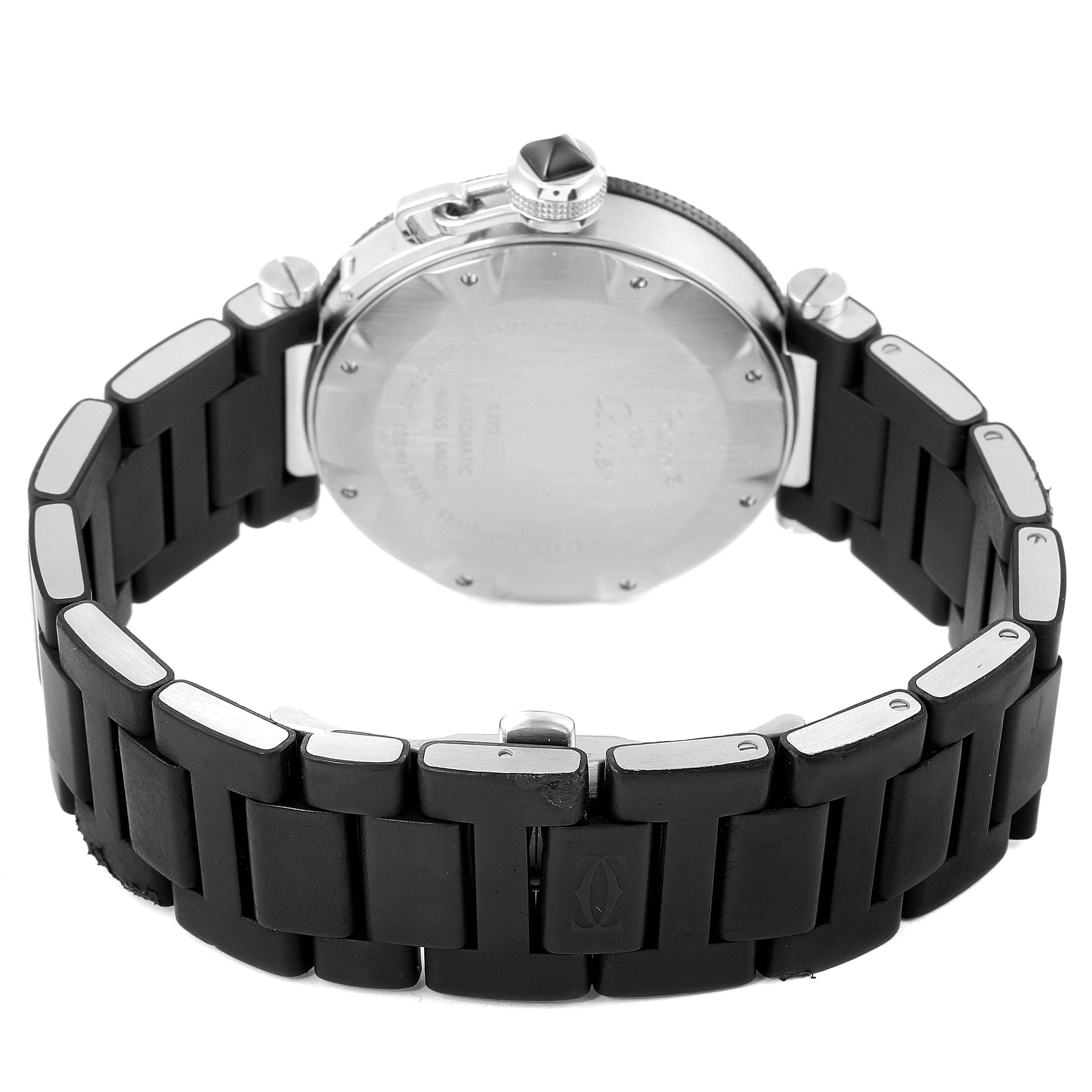 The image shows the back case and strap of a Cartier Pasha W31077U2 Men's Stainless Steel Black Dial W31077U2 Men's Stainless Steel Black Dial watch, highlighting the metal and rubber band.