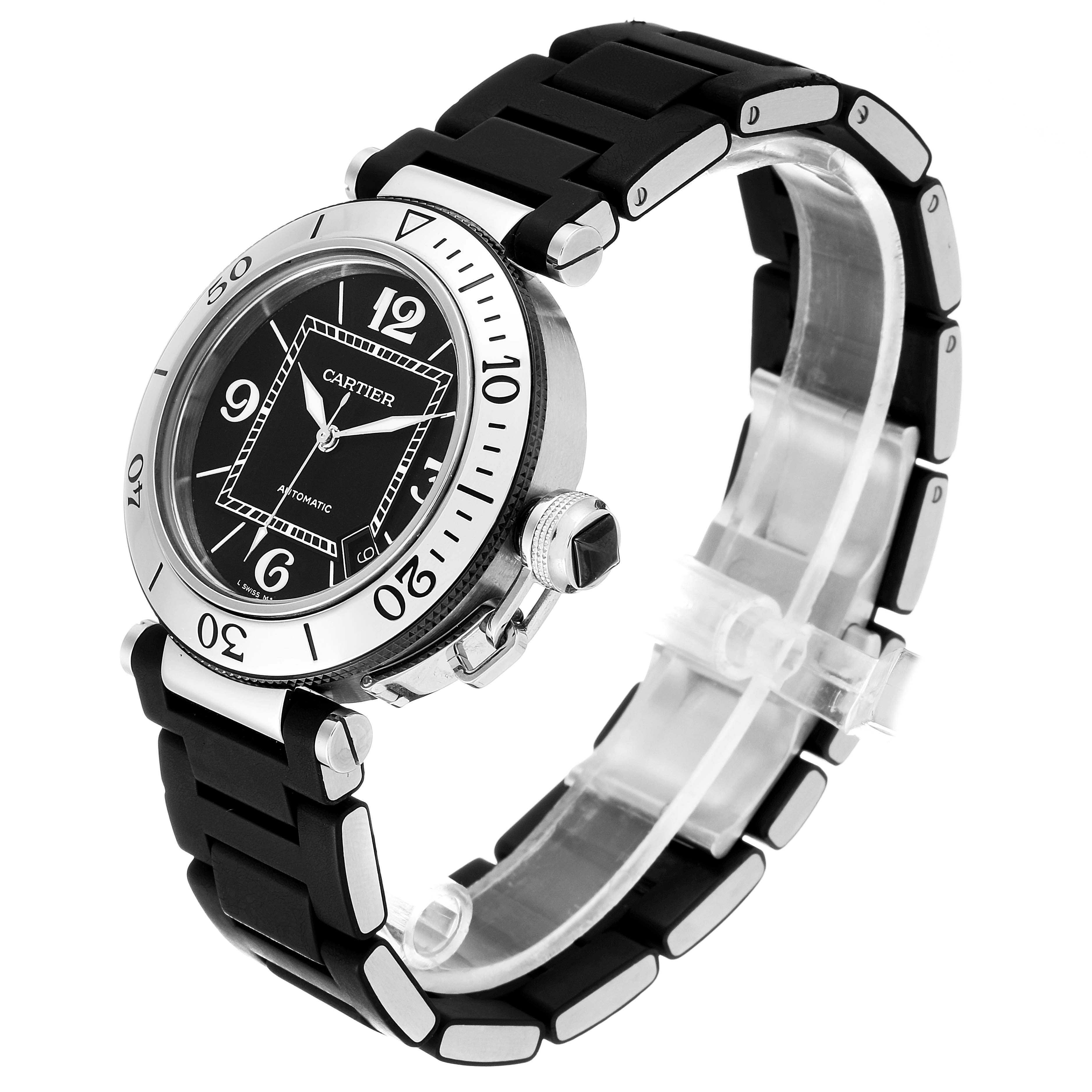 The Cartier Pasha W31077U2 Men's Stainless Steel Black Dial W31077U2 Men's Stainless Steel Black Dial watch is shown at a three-quarter angle, displaying its face, bezel, crown, and part of the strap.