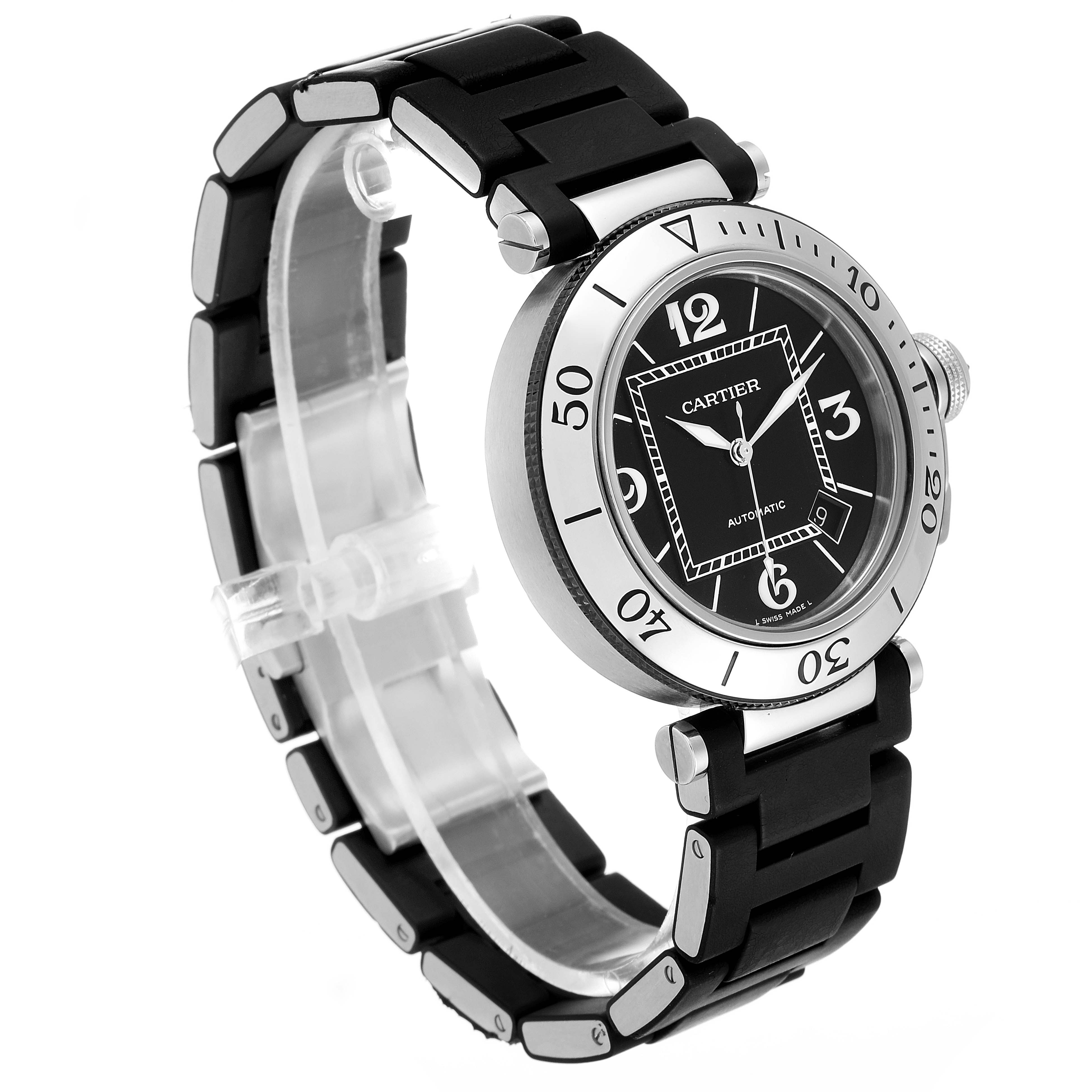 The Cartier Pasha W31077U2 Men's Stainless Steel Black Dial W31077U2 Men's Stainless Steel Black Dial watch is shown at an angled side view, highlighting the dial, bezel, case, and strap.