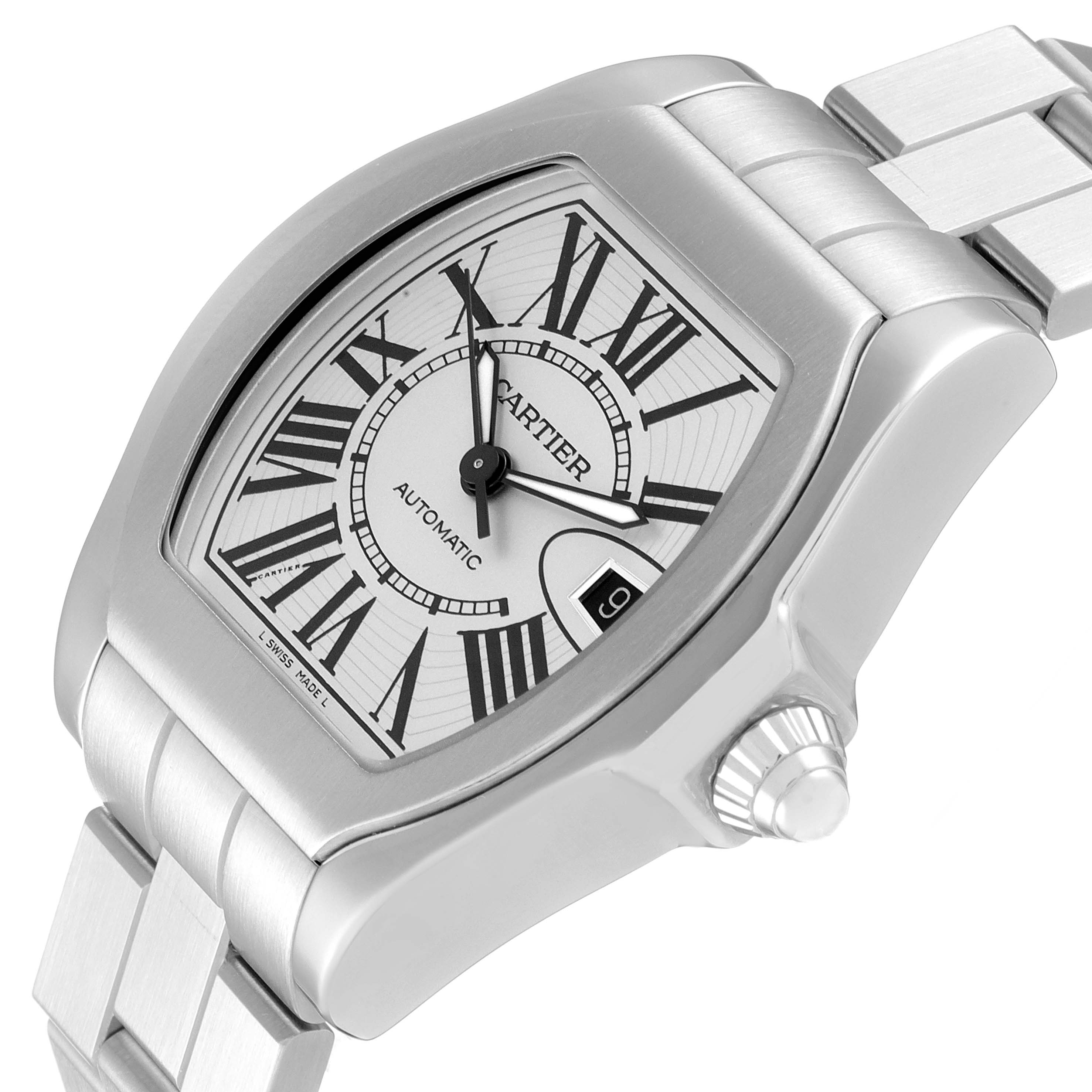 The image shows a Cartier Roadster W6206017 Men's Stainless Steel Silver Dial W6206017 Men's Stainless Steel Silver Dial watch viewed from a front angle, highlighting the dial, crown, and part of the bracelet.