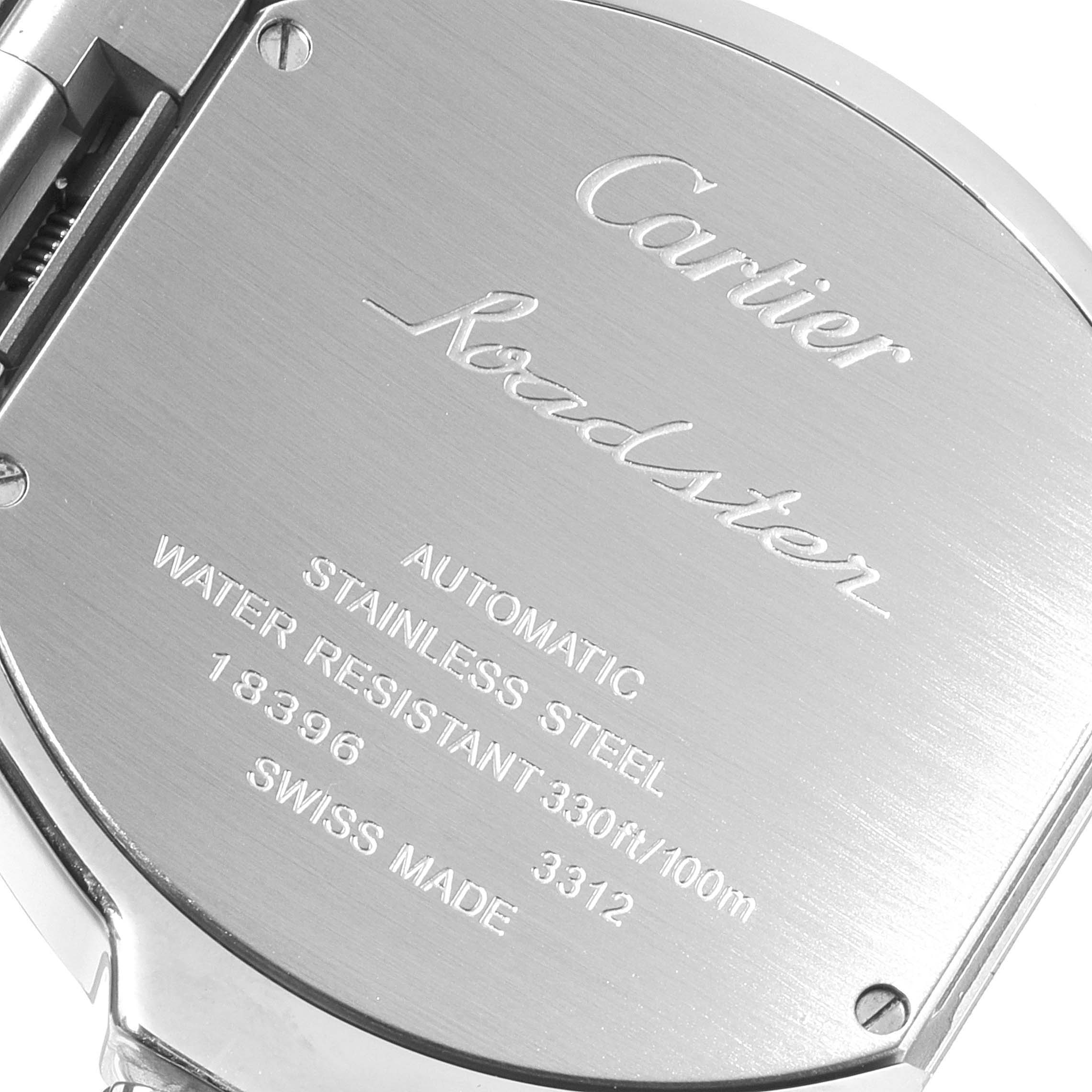 The image shows the back case of a Cartier Roadster W6206017 Men's Stainless Steel Silver Dial W6206017 Men's Stainless Steel Silver Dial watch, detailing its specifications and model information.