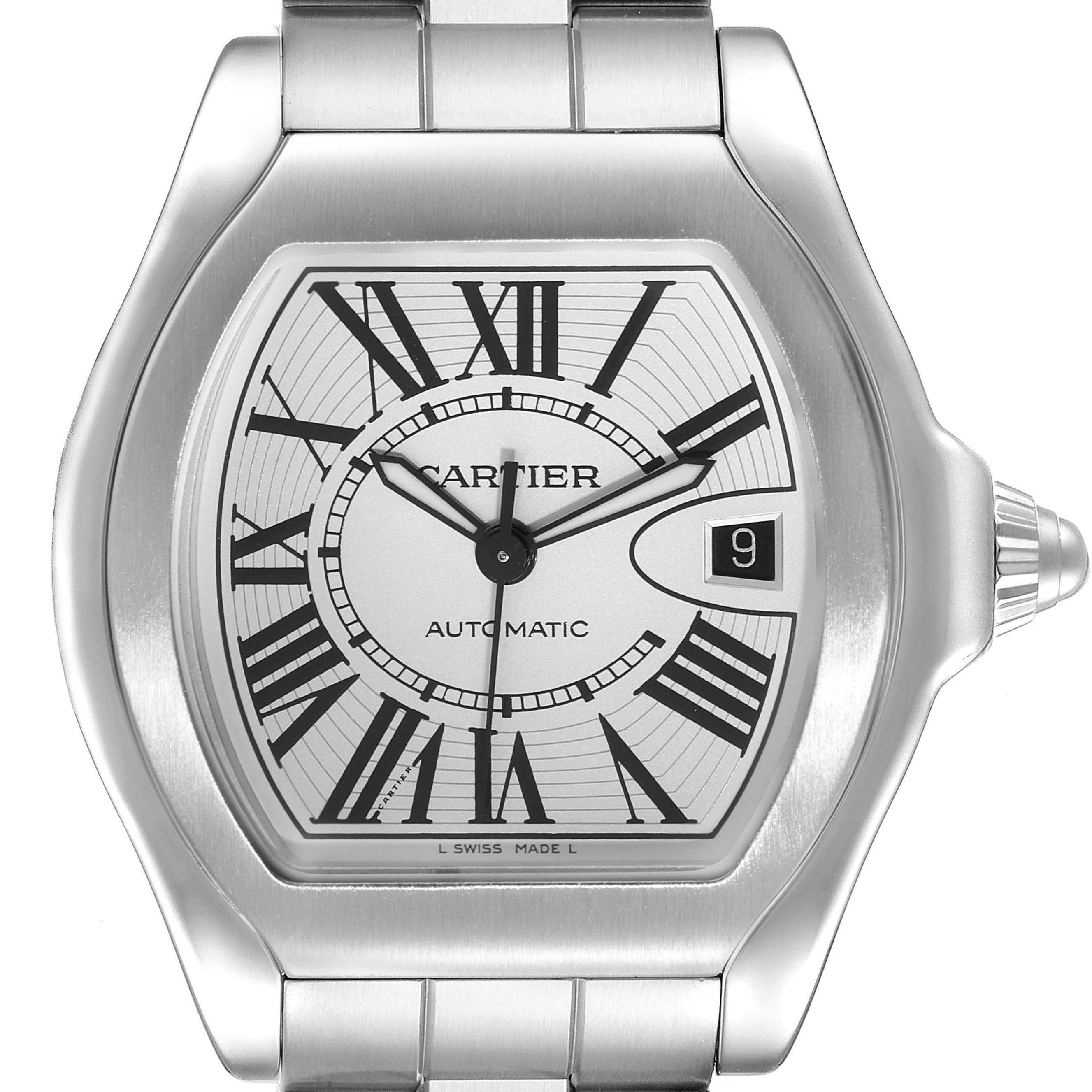 The image shows a front view of the Cartier Roadster W6206017 Men's Stainless Steel Silver Dial W6206017 Men's Stainless Steel Silver Dial watch, highlighting the dial, hands, date window, and part of the bracelet.