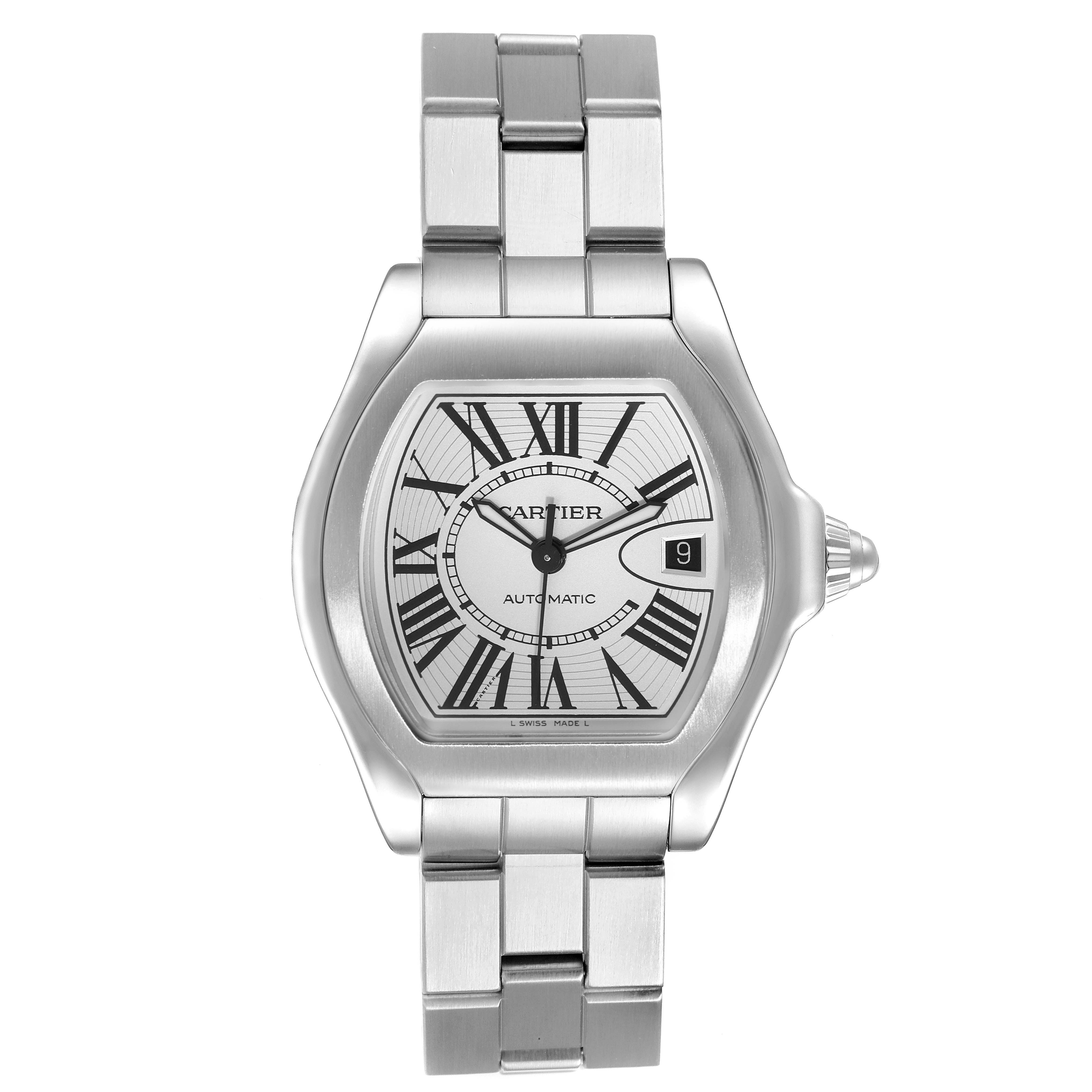 The image shows a front view of the Cartier Roadster W6206017 Men's Stainless Steel Silver Dial W6206017 Men's Stainless Steel Silver Dial watch, displaying the face, bracelet, and bezel.