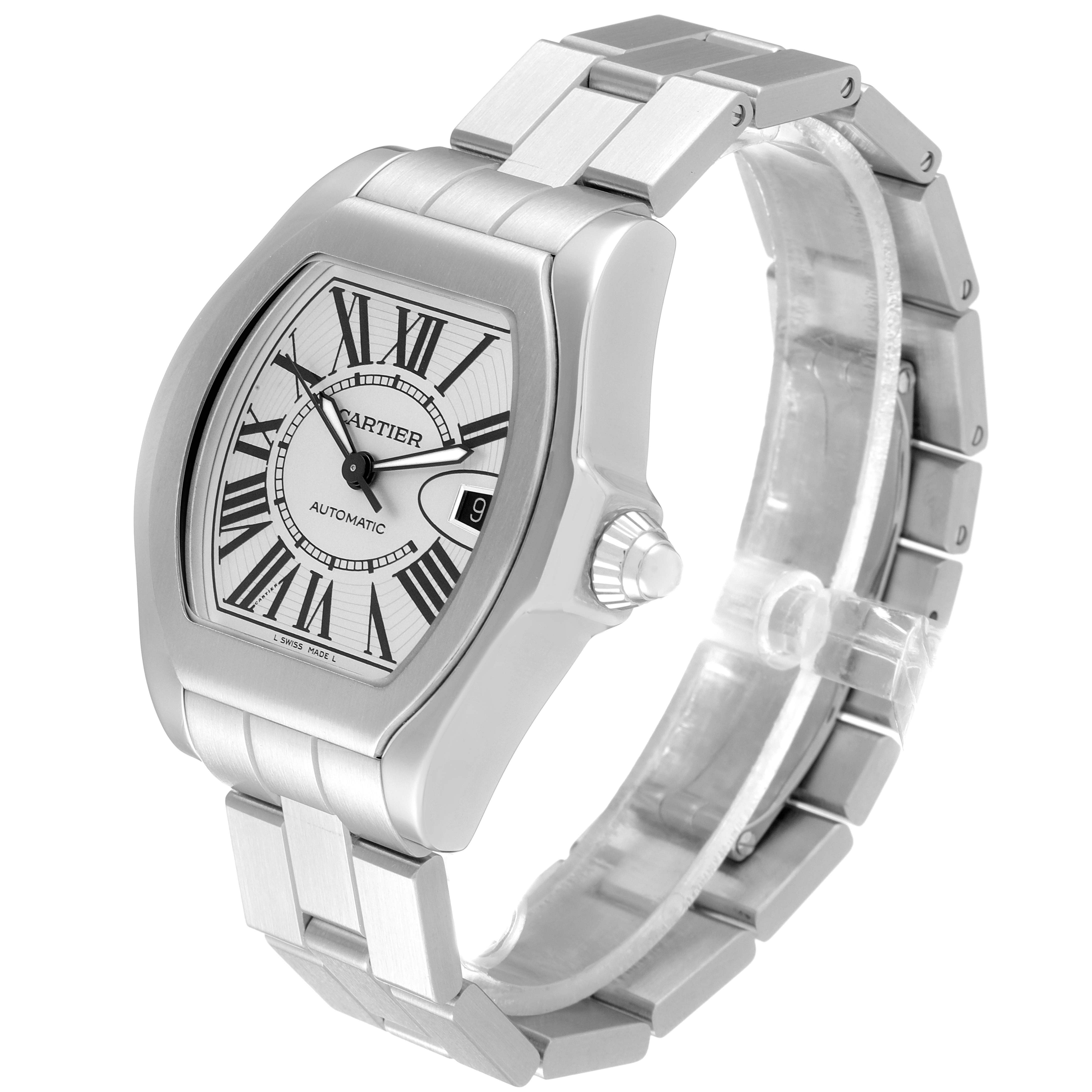 The image shows a side angle of the Cartier Roadster W6206017 Men's Stainless Steel Silver Dial W6206017 Men's Stainless Steel Silver Dial watch, focusing on its face, bezel, and bracelet.