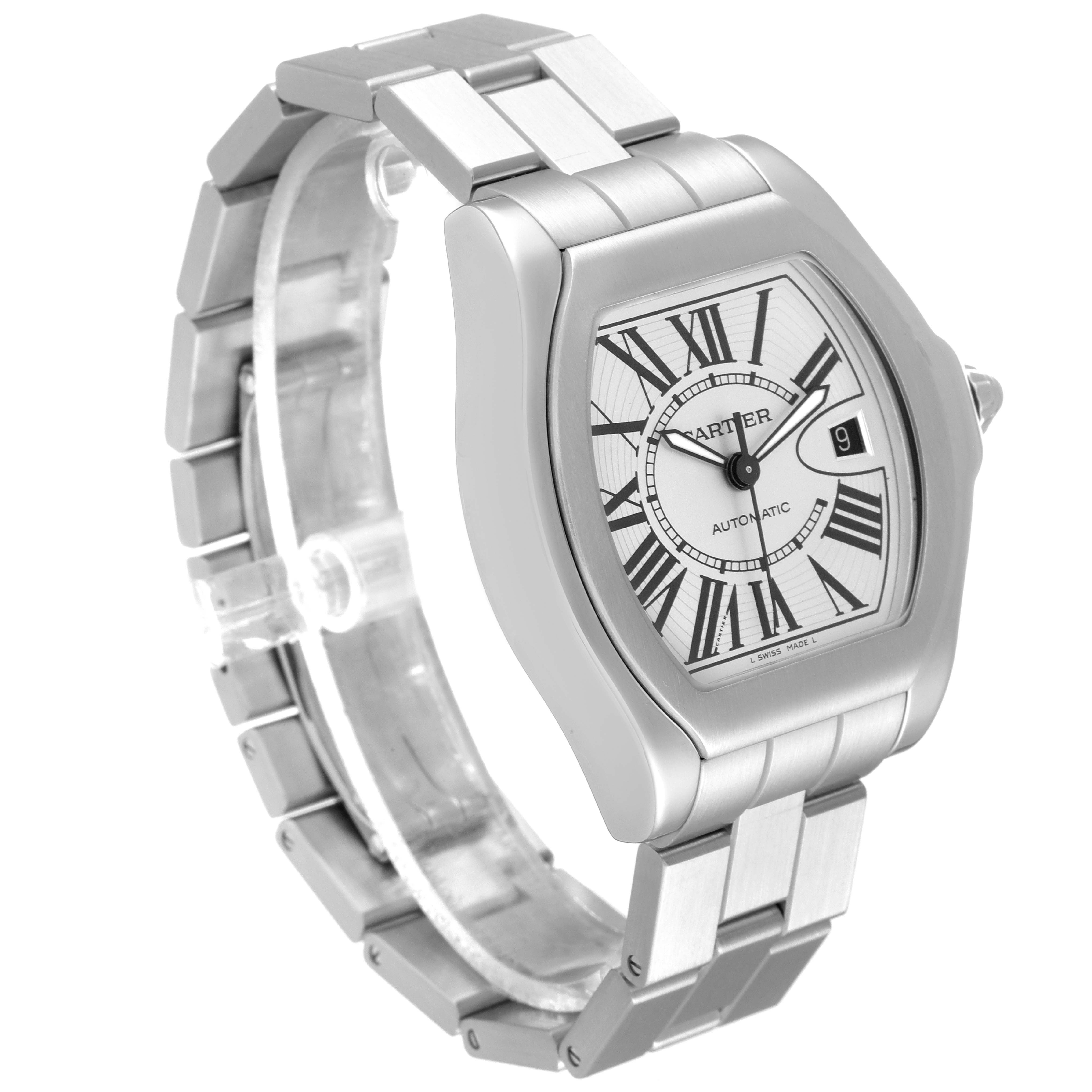 The image shows a Cartier Roadster W6206017 Men's Stainless Steel Silver Dial W6206017 Men's Stainless Steel Silver Dial watch viewed from a front angle, showcasing the dial, case, and bracelet.