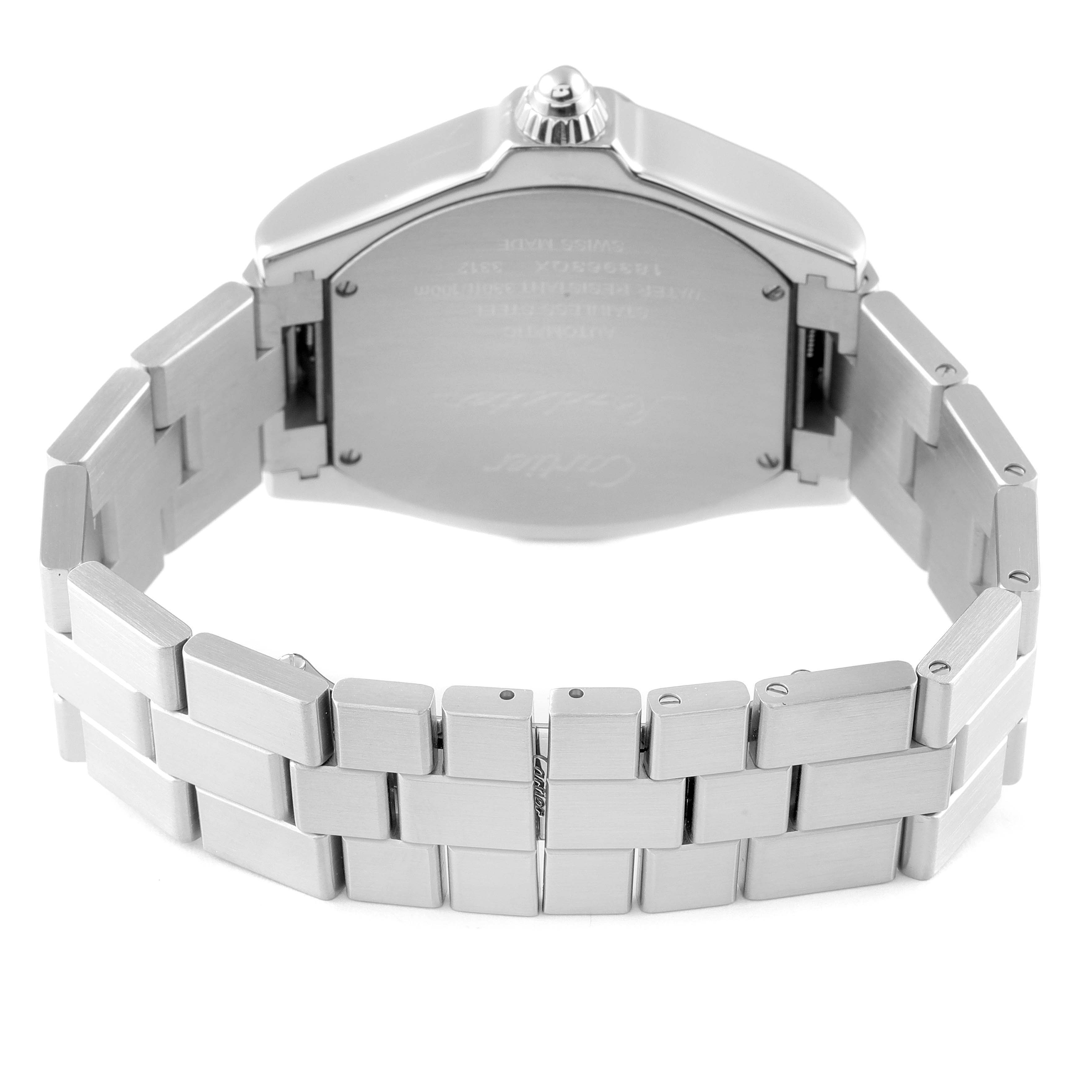This image shows the back of a Cartier Roadster W6206017 Men's Stainless Steel Silver Dial W6206017 Men's Stainless Steel Silver Dial watch, highlighting the case back and stainless steel bracelet.