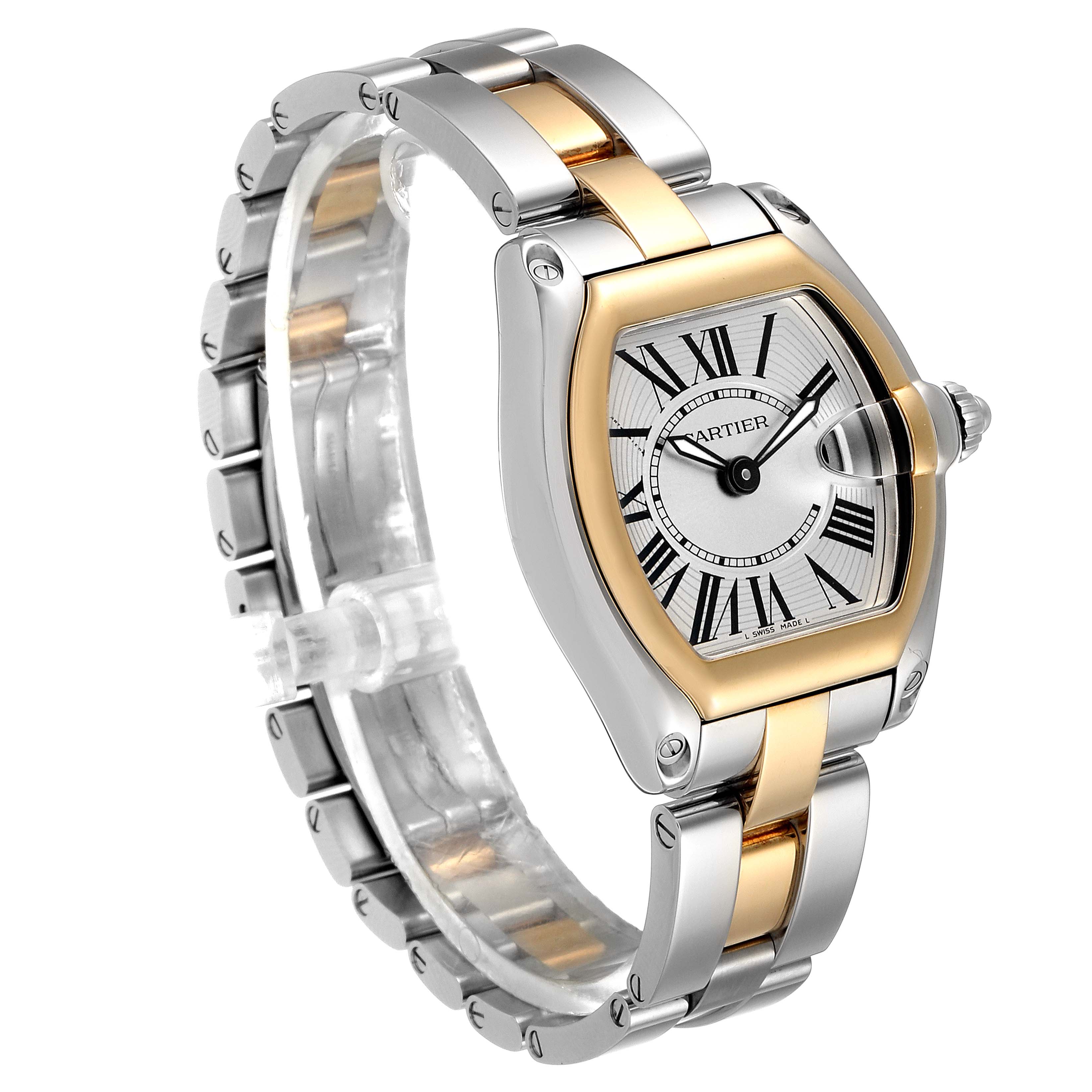 The image shows a Cartier Roadster W62026Y4 Women's Steel and Gold (two tone) Silver Dial W62026Y4 Women's Steel and Gold (two tone) Silver Dial watch from a side angle, highlighting its two-tone bracelet and distinct case design.