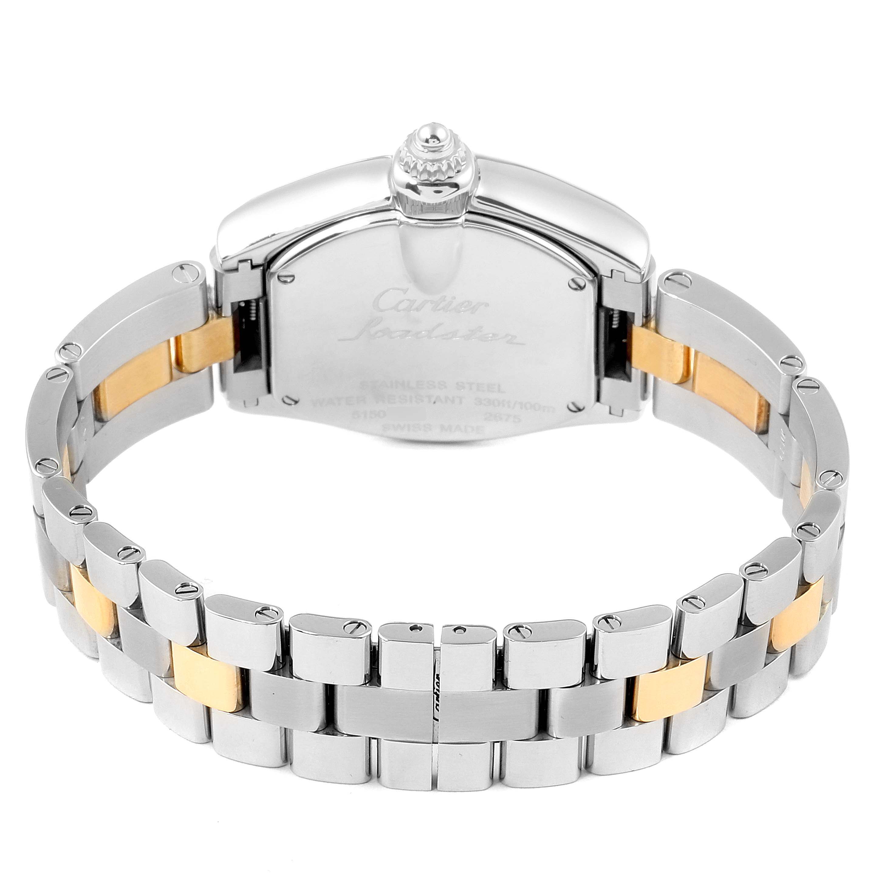 The image shows the back view of a Cartier Roadster W62026Y4 Women's Steel and Gold (two tone) Silver Dial W62026Y4 Women's Steel and Gold (two tone) Silver Dial watch, highlighting its stainless steel and gold bracelet and the case back.