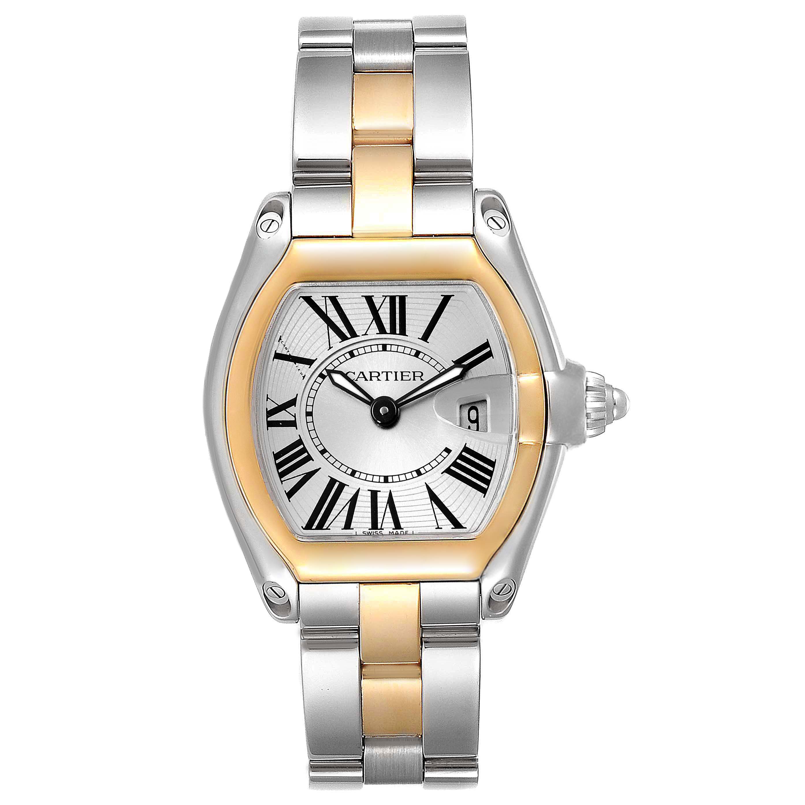 The image shows a Cartier Roadster W62026Y4 Women's Steel and Gold (two tone) Silver Dial W62026Y4 Women's Steel and Gold (two tone) Silver Dial watch from a front angle featuring its face, bezel, and bracelet.