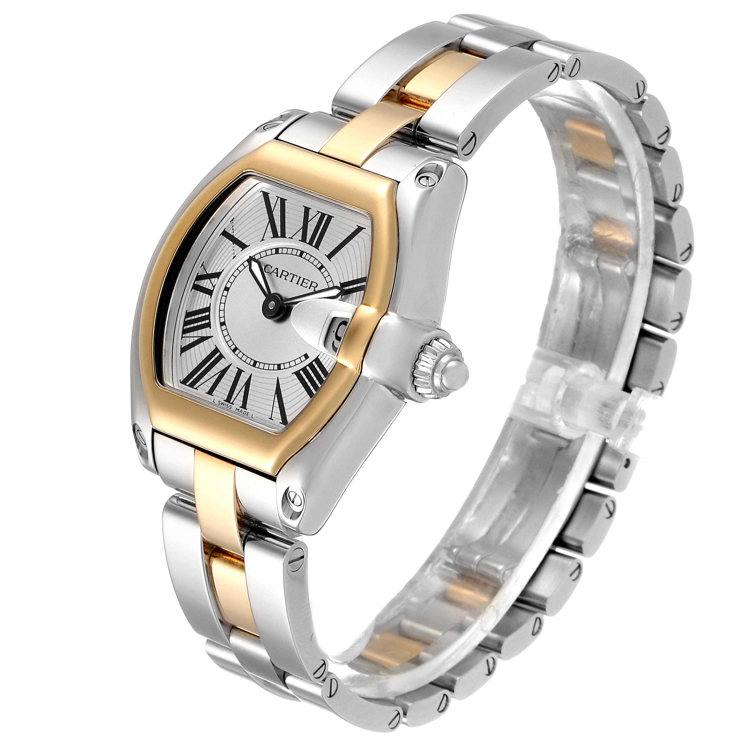 This Cartier Roadster W62026Y4 Women's Steel and Gold (two tone) Silver Dial W62026Y4 Women's Steel and Gold (two tone) Silver Dial watch is shown at an angle revealing the dial, bezel, crown, and bracelet.