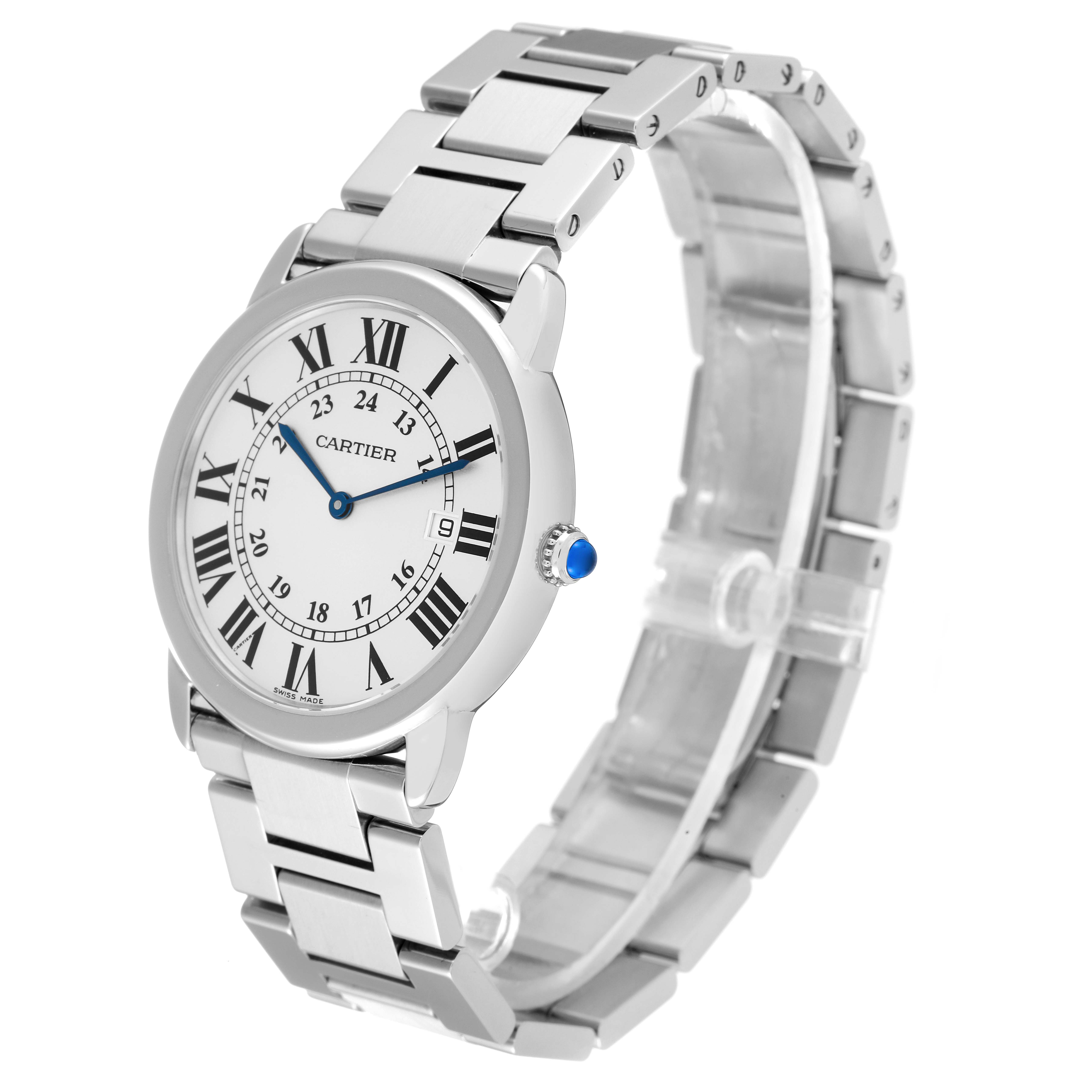 The image shows a Cartier Ronde W6701005 Men
s Stainless Steel Silver Dial W6701005 Men
s Stainless Steel Silver Dial model watch from an angled side view, highlighting its face, crown, and metal bracelet.
