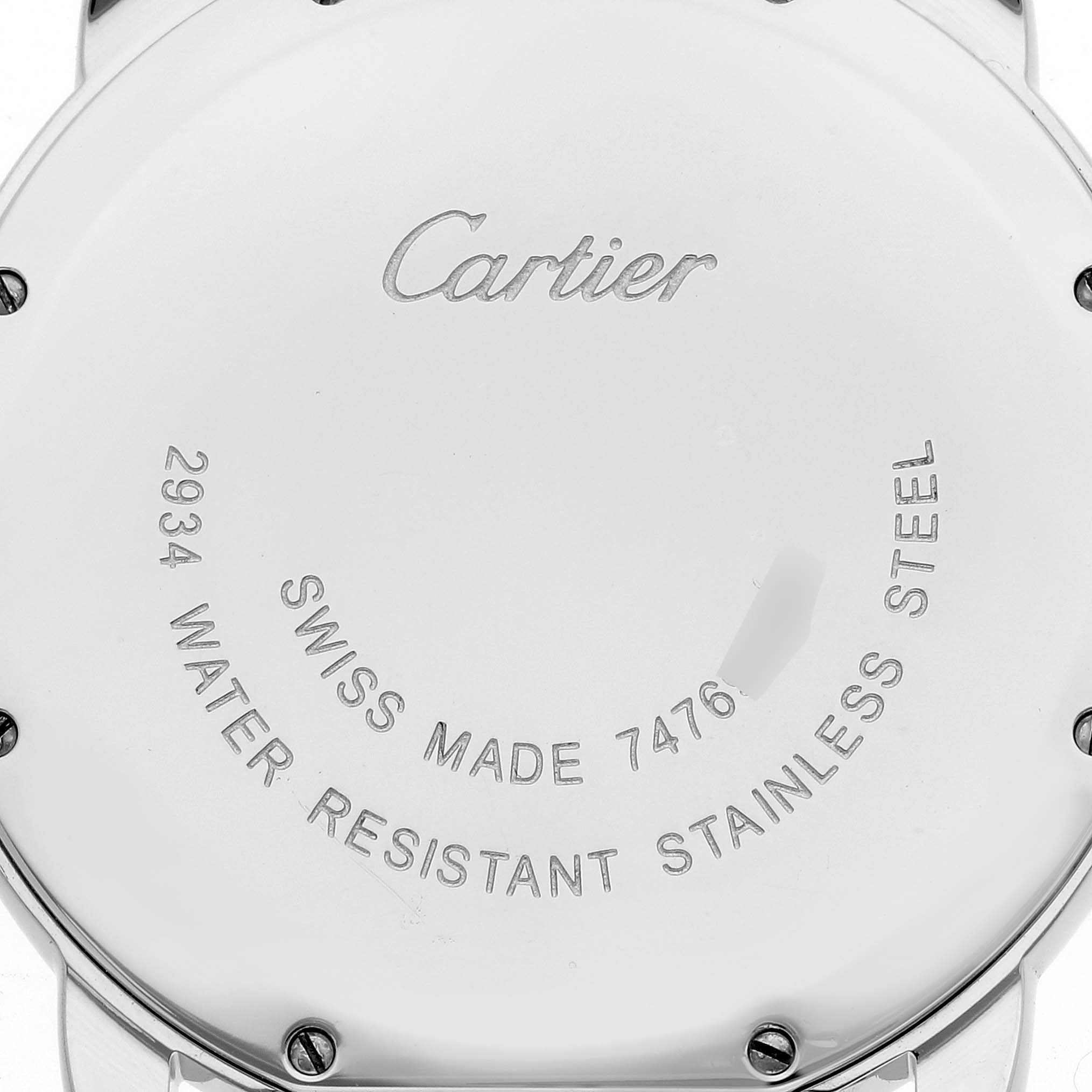 This is the back view of the Cartier Ronde W6701005 Men
s Stainless Steel Silver Dial W6701005 Men
s Stainless Steel Silver Dial model watch, showing the case back with engraved branding and specifications.