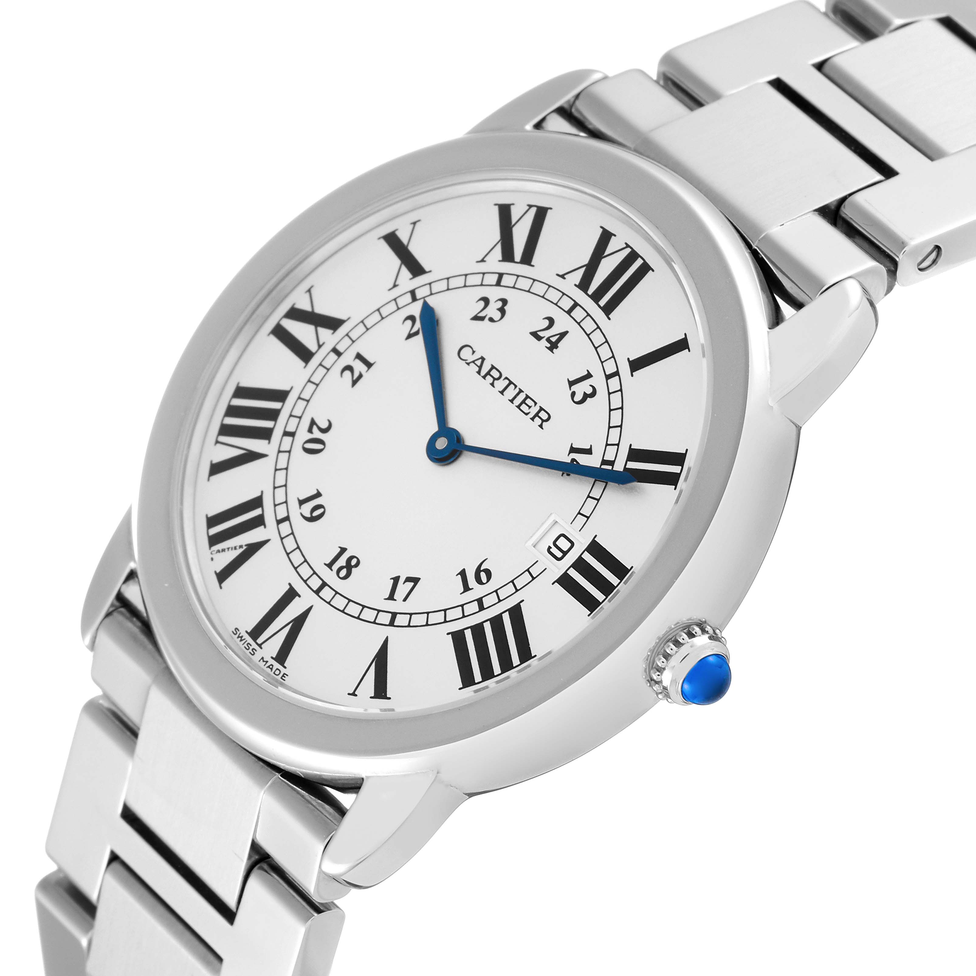 This image shows a Cartier Ronde W6701005 Men
s Stainless Steel Silver Dial W6701005 Men
s Stainless Steel Silver Dial model watch at a slight angle, highlighting its face, bezel, and part of the metal bracelet.