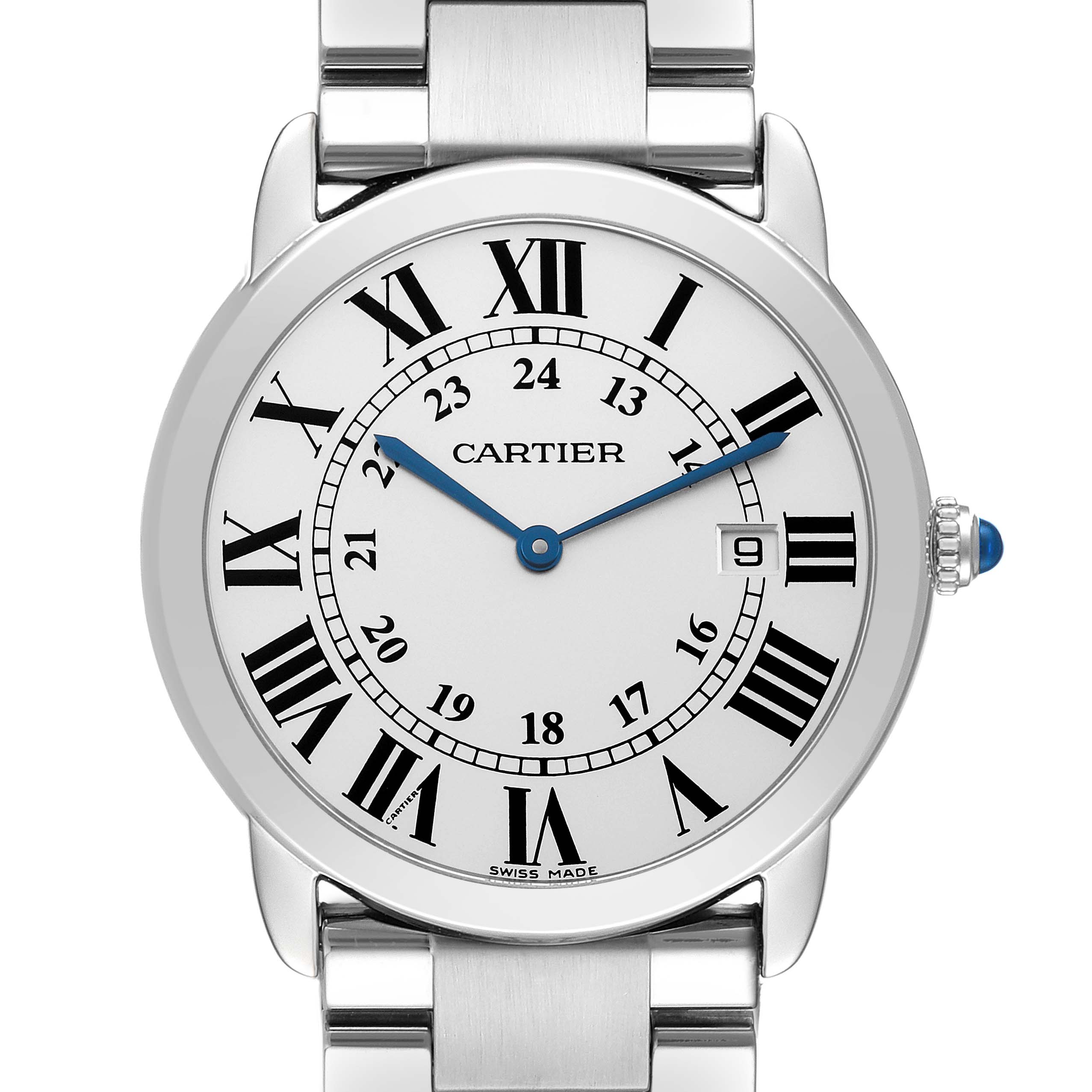 The image shows a front view of the Cartier Ronde W6701005 Men
s Stainless Steel Silver Dial W6701005 Men
s Stainless Steel Silver Dial model watch, displaying its face, hands, and part of its metal strap.