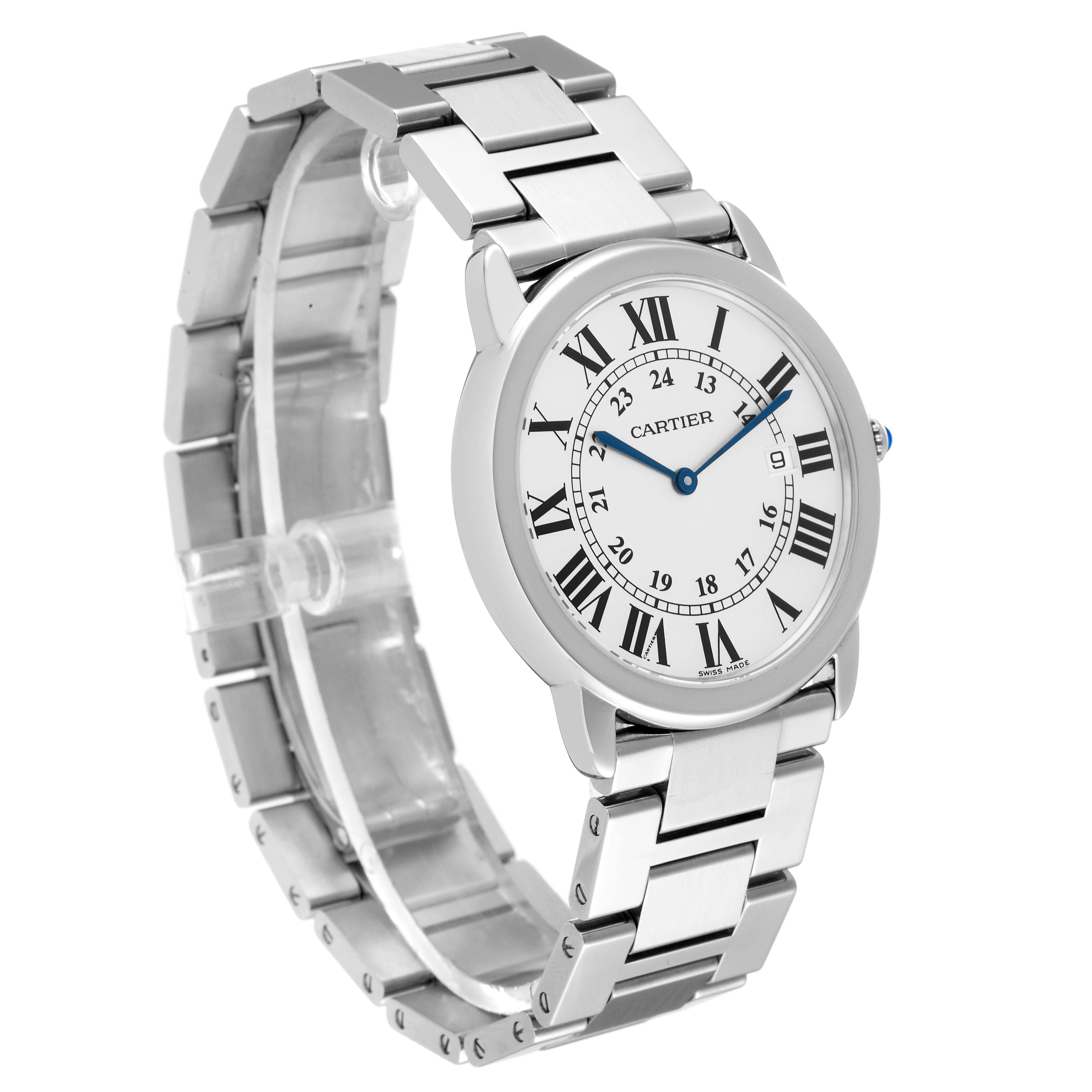 The image shows a front-angle view of the Cartier Ronde W6701005 Men
s Stainless Steel Silver Dial W6701005 Men
s Stainless Steel Silver Dial model watch, highlighting its face and metal bracelet.