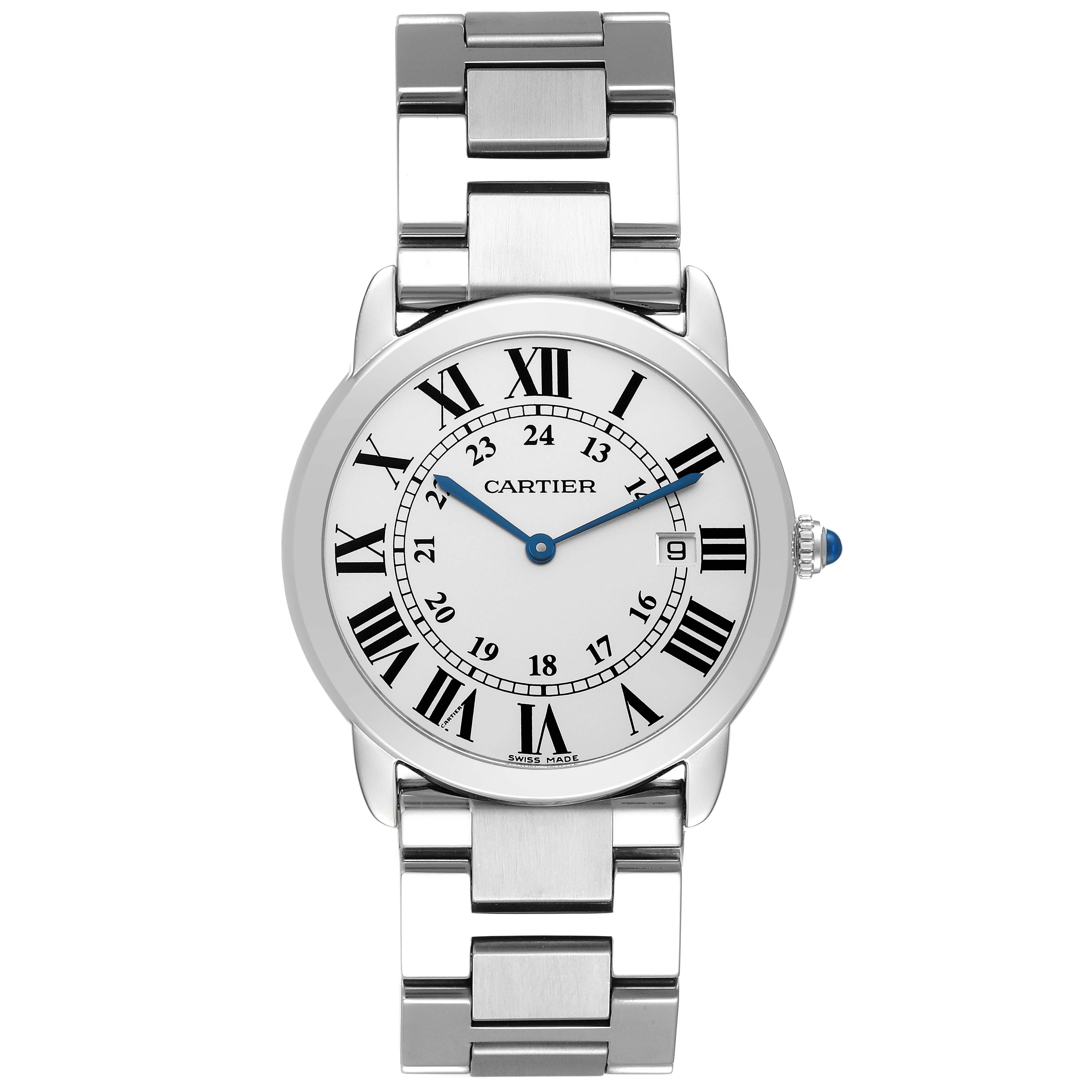 The image shows a frontal view of a Cartier Ronde W6701005 Men
s Stainless Steel Silver Dial W6701005 Men
s Stainless Steel Silver Dial model watch, displaying its face, dial, and metal bracelet.