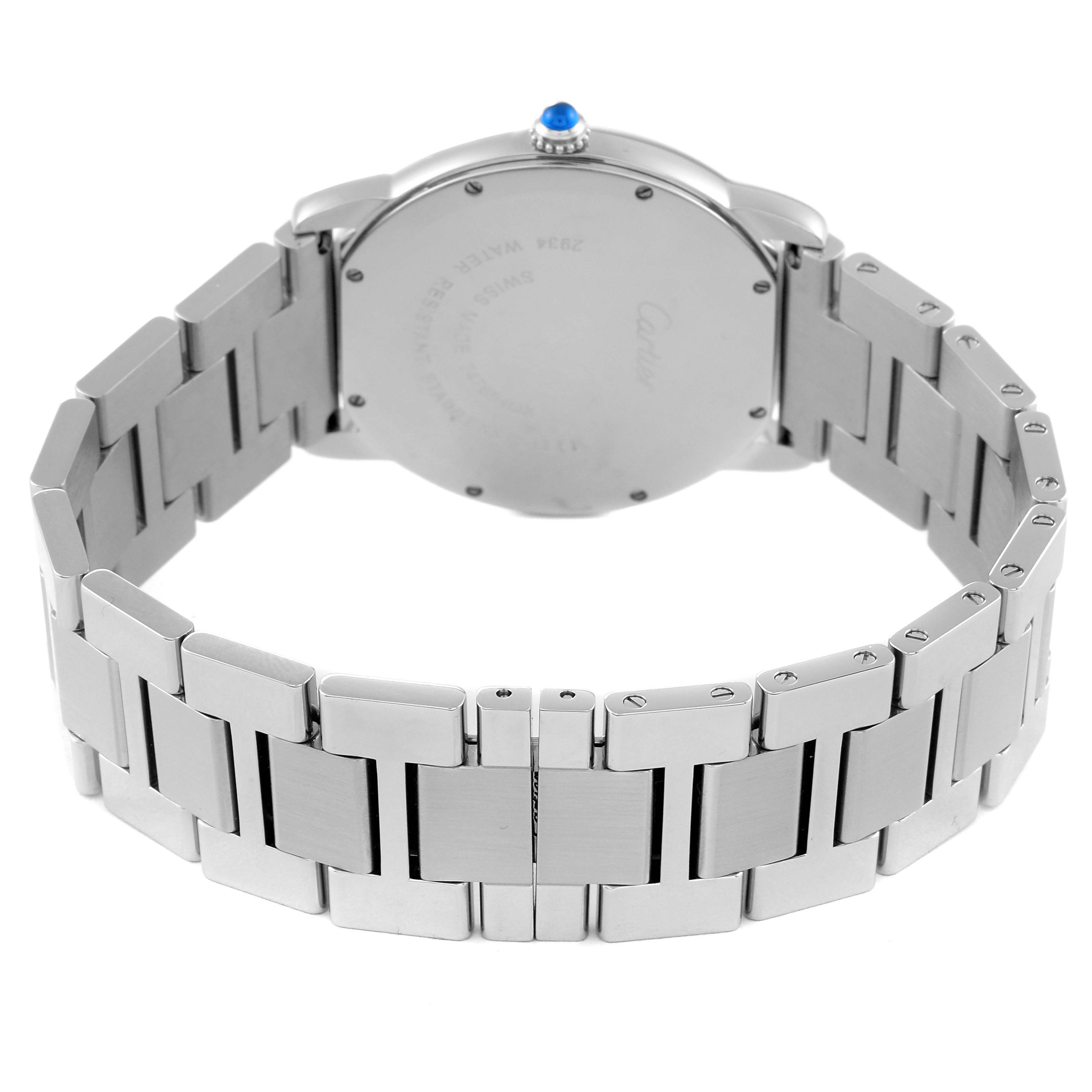 The image shows the back and bracelet of the Cartier Ronde W6701005 Men
s Stainless Steel Silver Dial W6701005 Men
s Stainless Steel Silver Dial watch, highlighting its metal links and caseback.