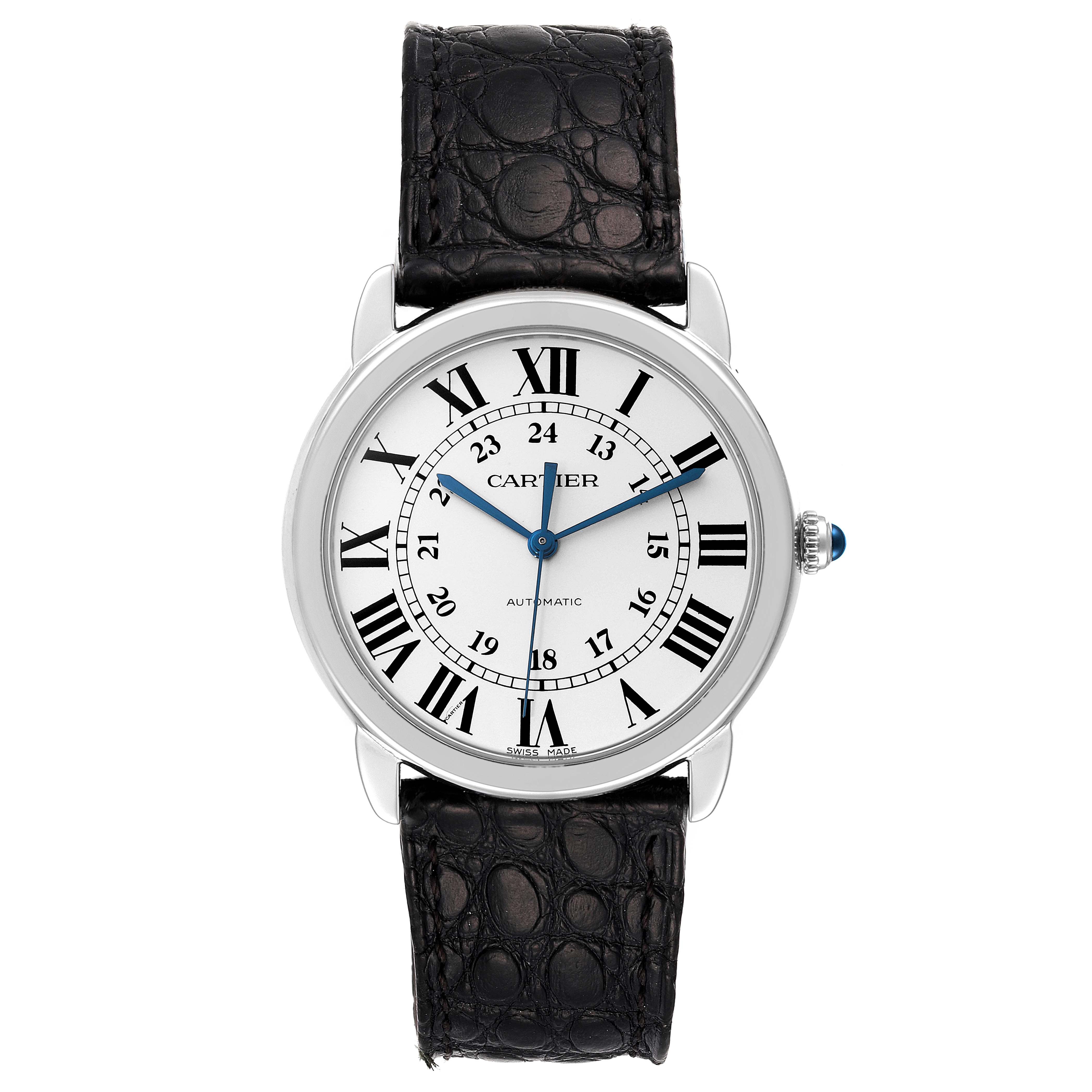 The image shows a Cartier Ronde WSRN0021 Men's Stainless Steel Silver Dial WSRN0021 Men's Stainless Steel Silver Dial watch from a front angle, displaying its face, Roman numerals, and black leather strap.