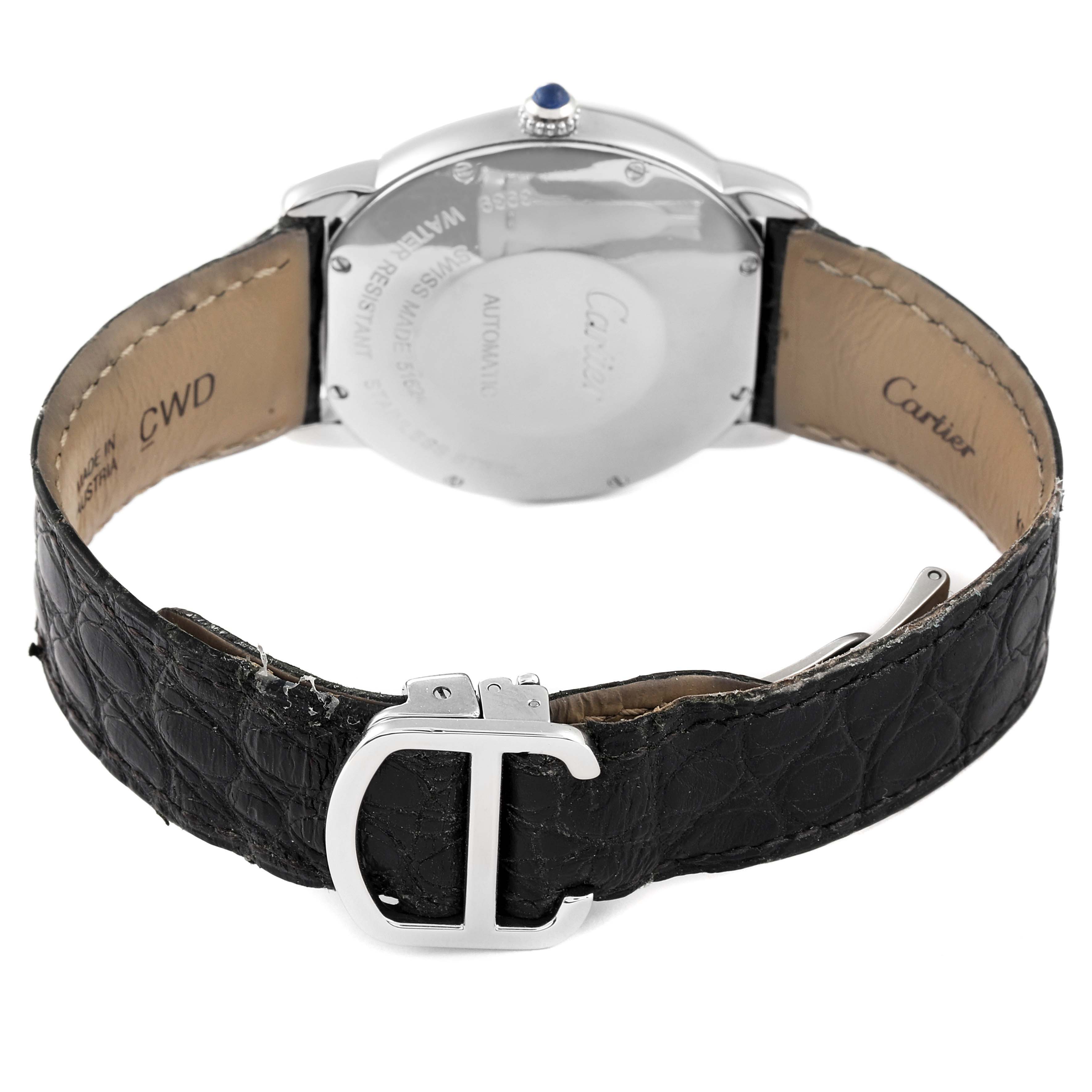 The image shows the back view of a Cartier Ronde WSRN0021 Men's Stainless Steel Silver Dial WSRN0021 Men's Stainless Steel Silver Dial model watch, highlighting the case back, leather strap, and buckle.