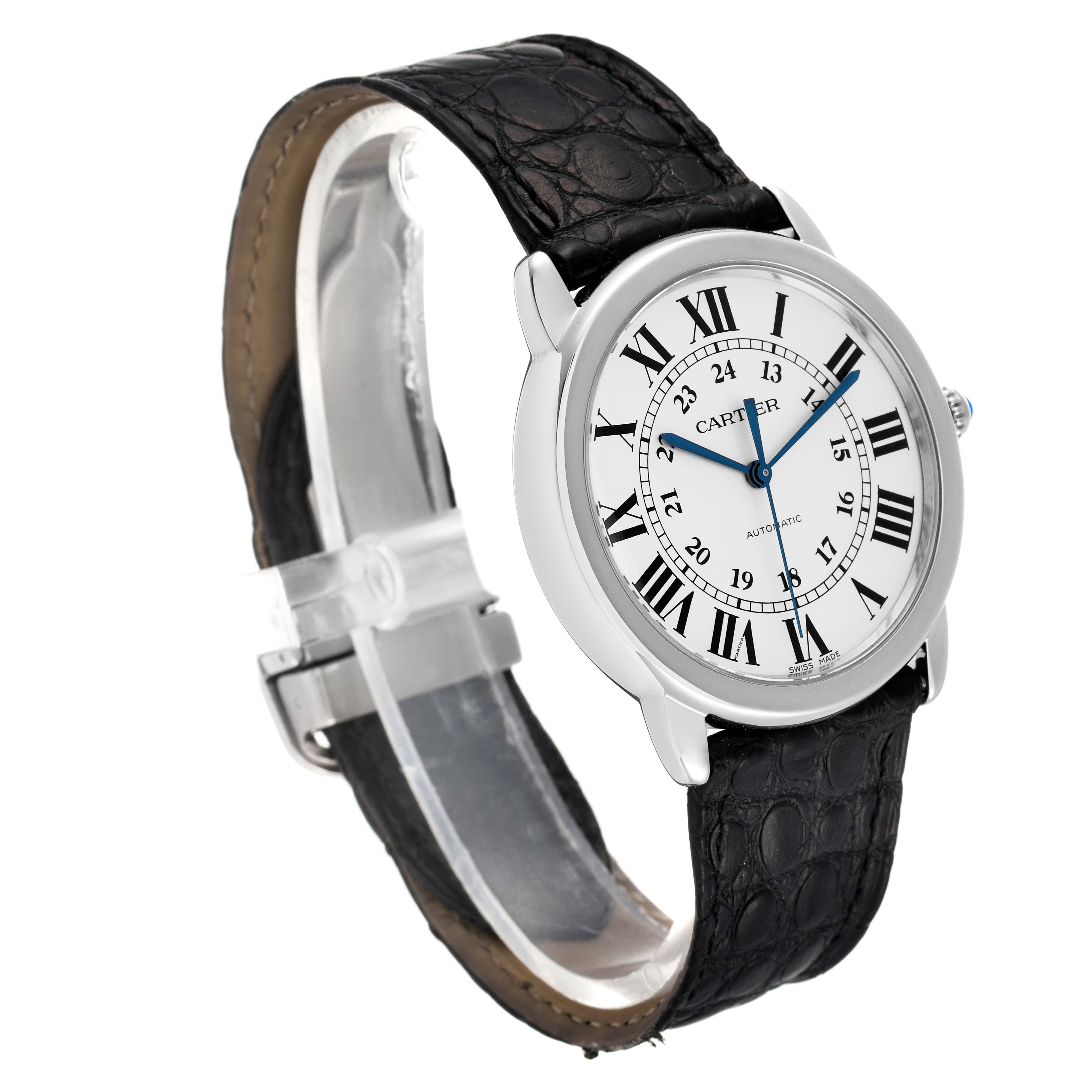 The Cartier Ronde WSRN0021 Men's Stainless Steel Silver Dial WSRN0021 Men's Stainless Steel Silver Dial watch is shown at a slight angle, highlighting its white face, Roman numerals, and black leather strap.