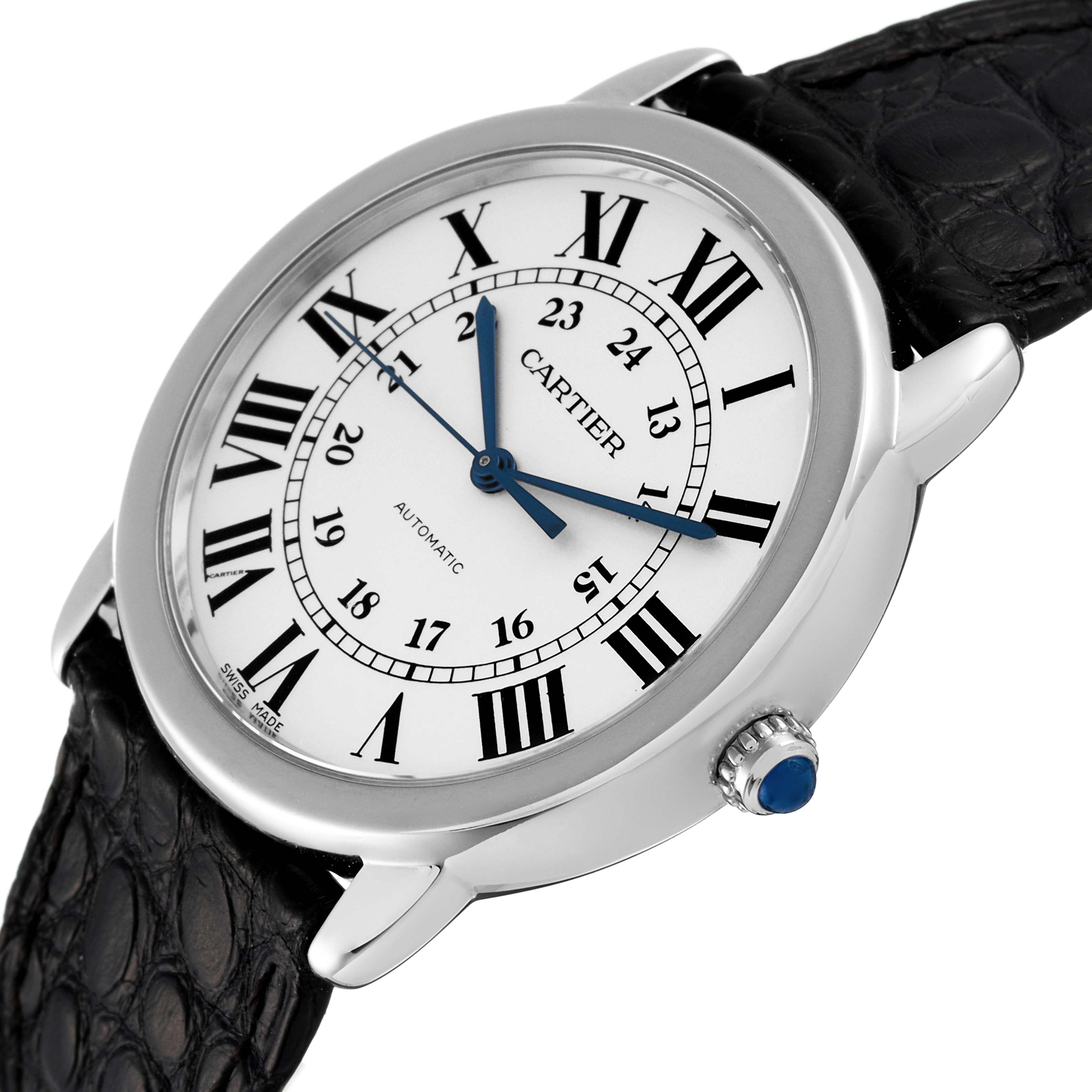 This image shows the dial, bezel, and part of the strap in a close-up angled view of a Cartier Ronde WSRN0021 Men's Stainless Steel Silver Dial WSRN0021 Men's Stainless Steel Silver Dial watch.