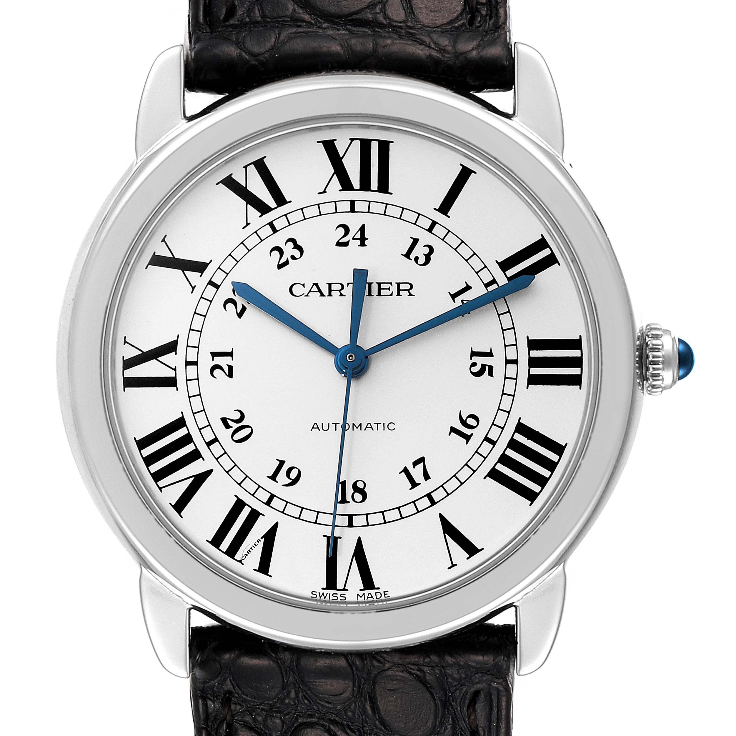 The image shows a front view of the Cartier Ronde WSRN0021 Men's Stainless Steel Silver Dial WSRN0021 Men's Stainless Steel Silver Dial watch, displaying its face, bezel, lugs, and part of its leather strap.