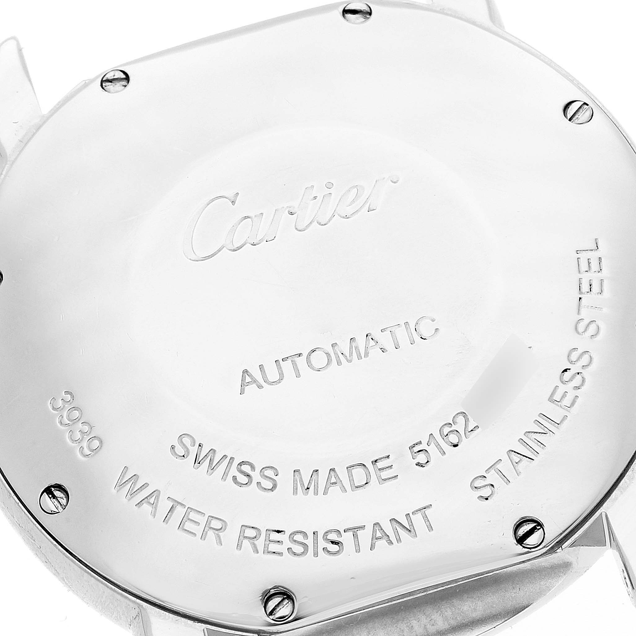 This image shows the back casing of a Cartier Ronde WSRN0021 Men's Stainless Steel Silver Dial WSRN0021 Men's Stainless Steel Silver Dial watch, highlighting details like "Automatic," "Swiss Made," and "Water Resistant."