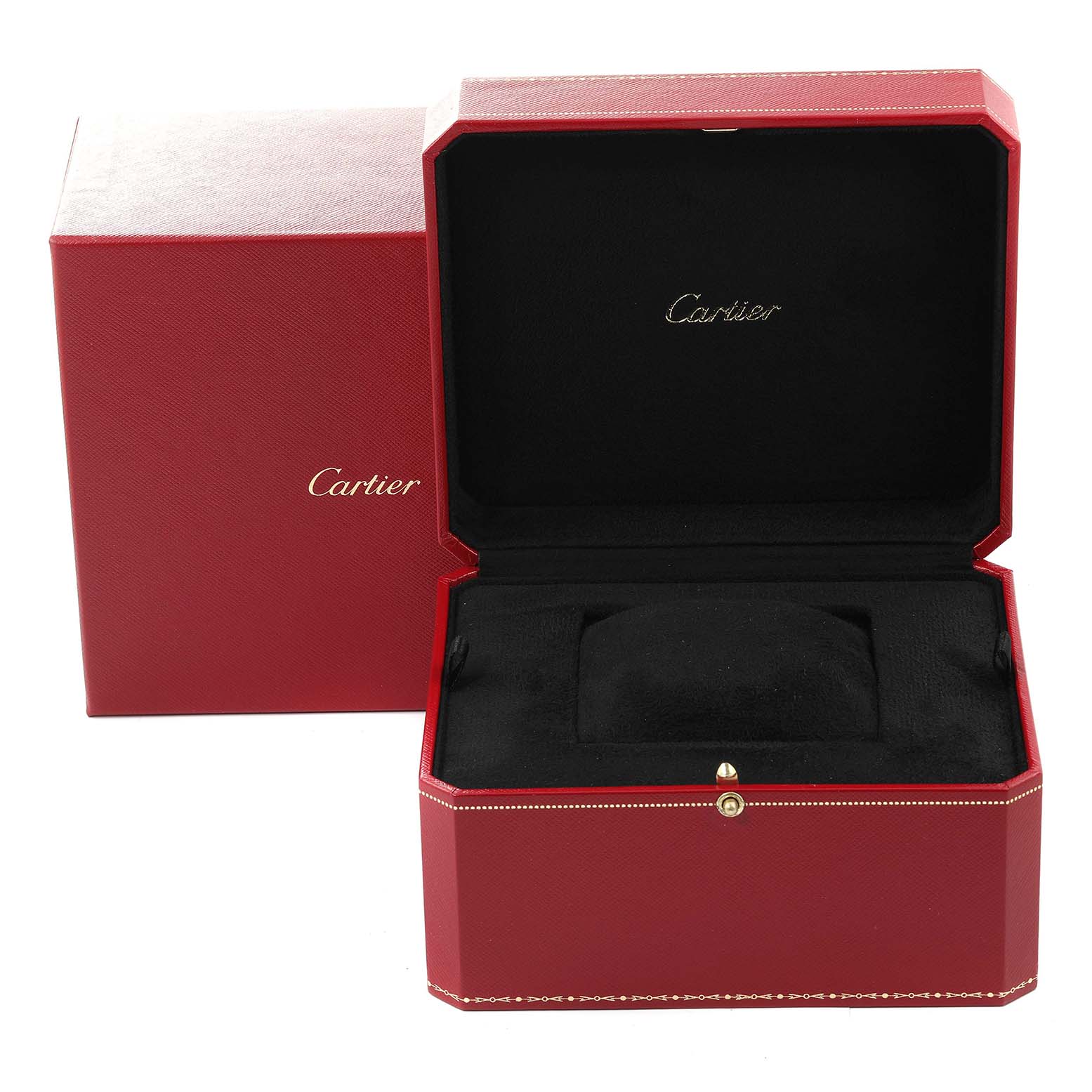 The image shows a red Cartier watch box, open, for the Ronde model.
