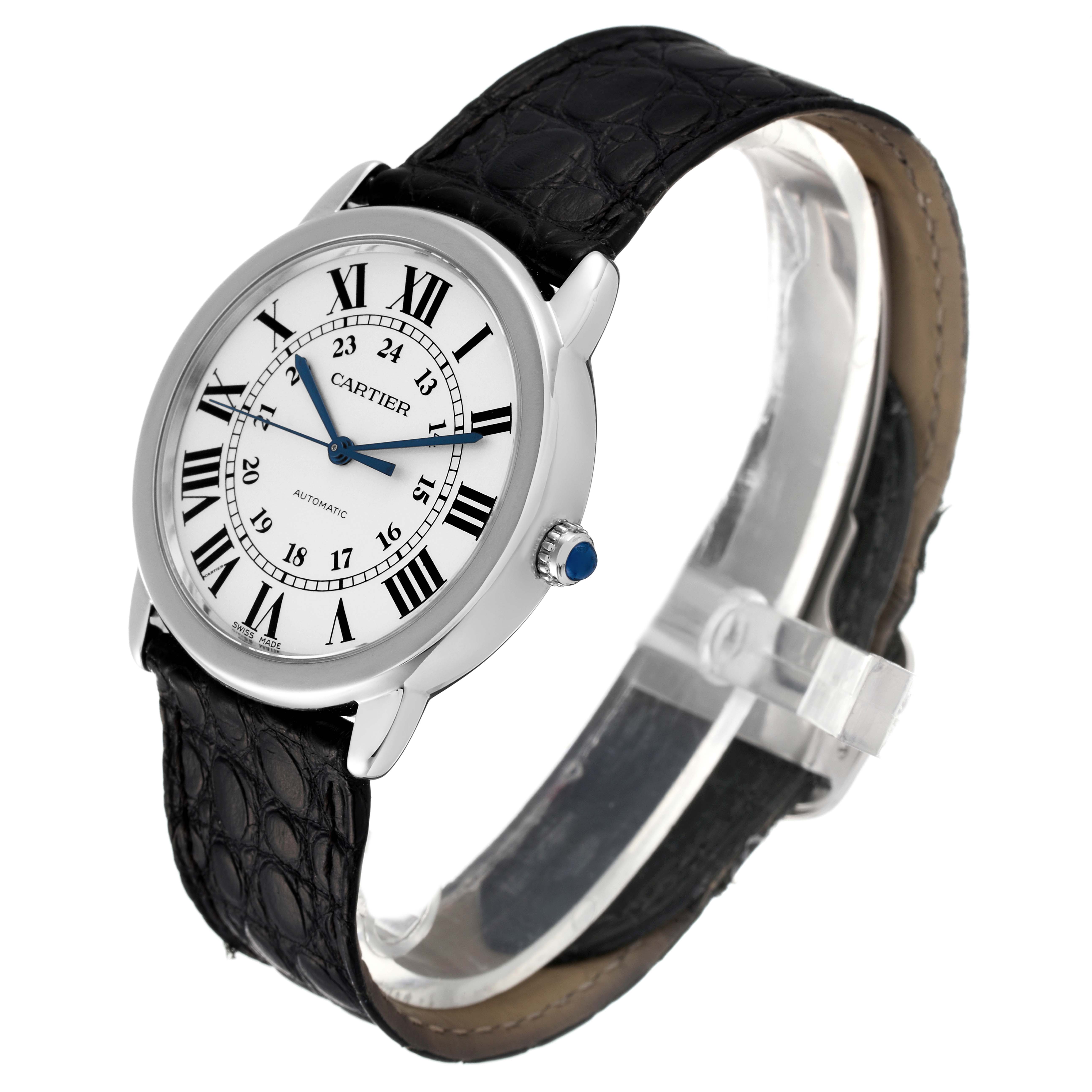 The Cartier Ronde WSRN0021 Men's Stainless Steel Silver Dial WSRN0021 Men's Stainless Steel Silver Dial model watch is shown at a slight angle, highlighting its face, blue hands, Roman numerals, and black leather strap.