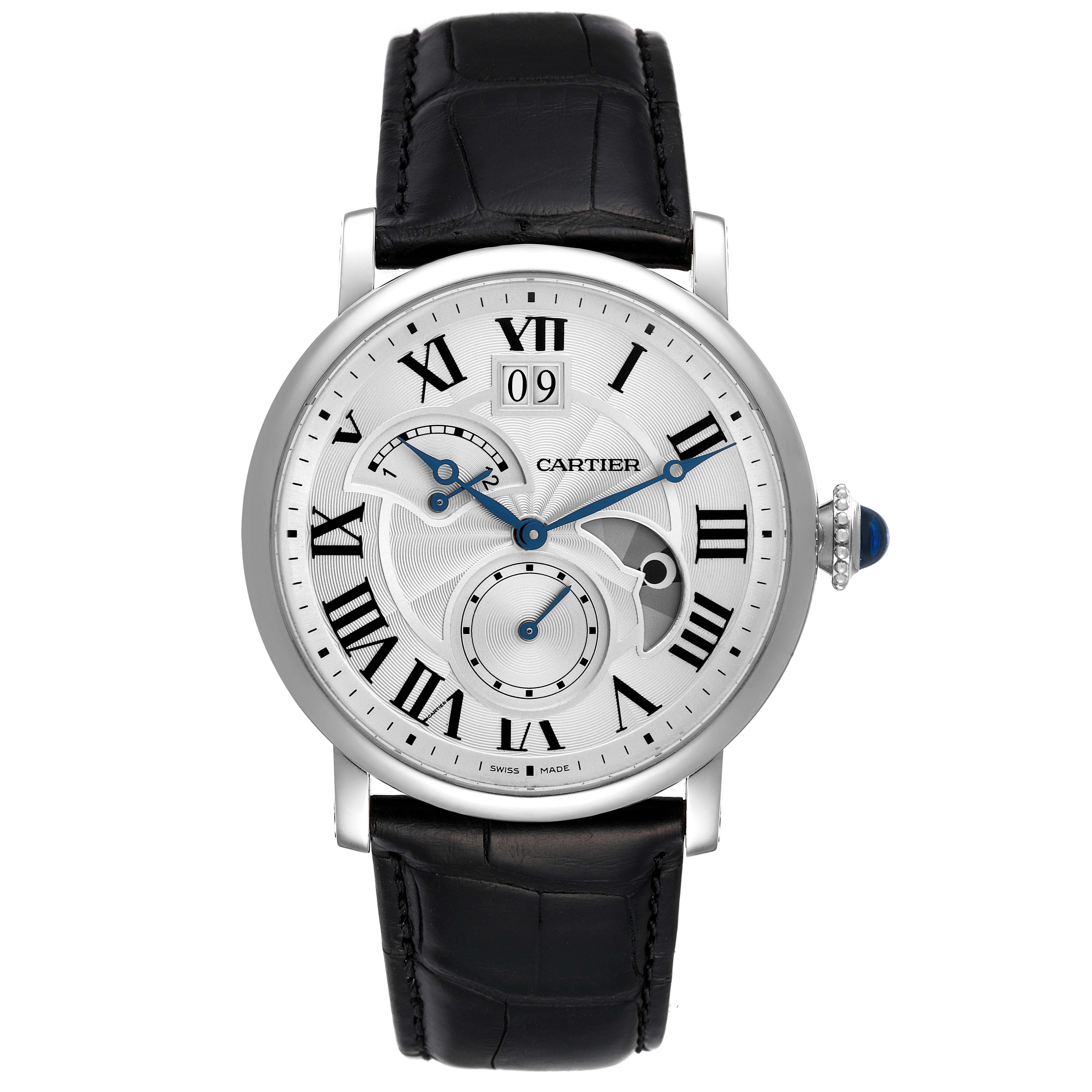 The image shows a front view of the Rotonde de Cartier watch with a black leather strap and Roman numeral markers.