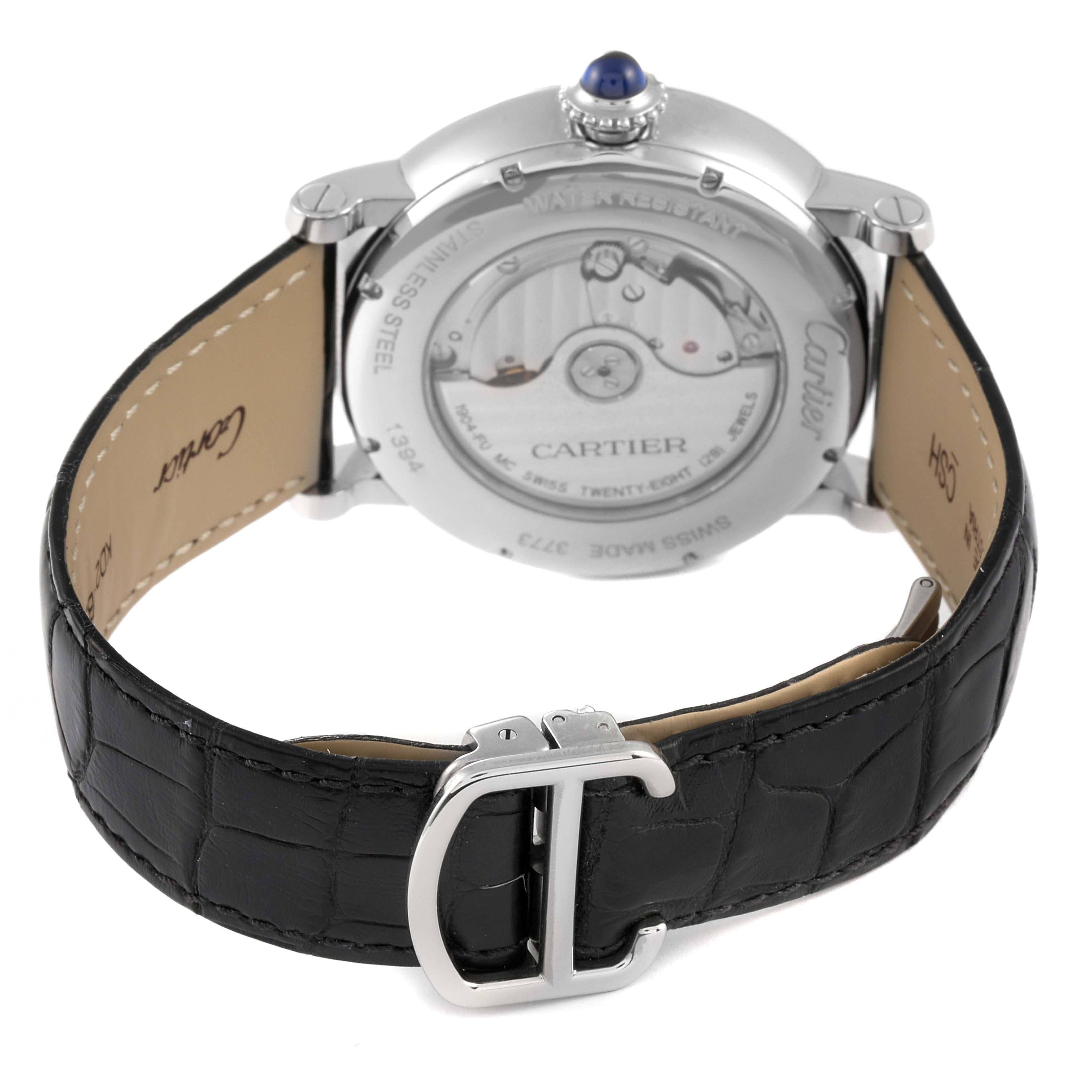 The image shows the back view of a Cartier Rotonde W1556368 Men's Stainless Steel Silver Dial W1556368 Men's Stainless Steel Silver Dial watch, featuring its back case, movement, and black leather strap with a polished buckle.