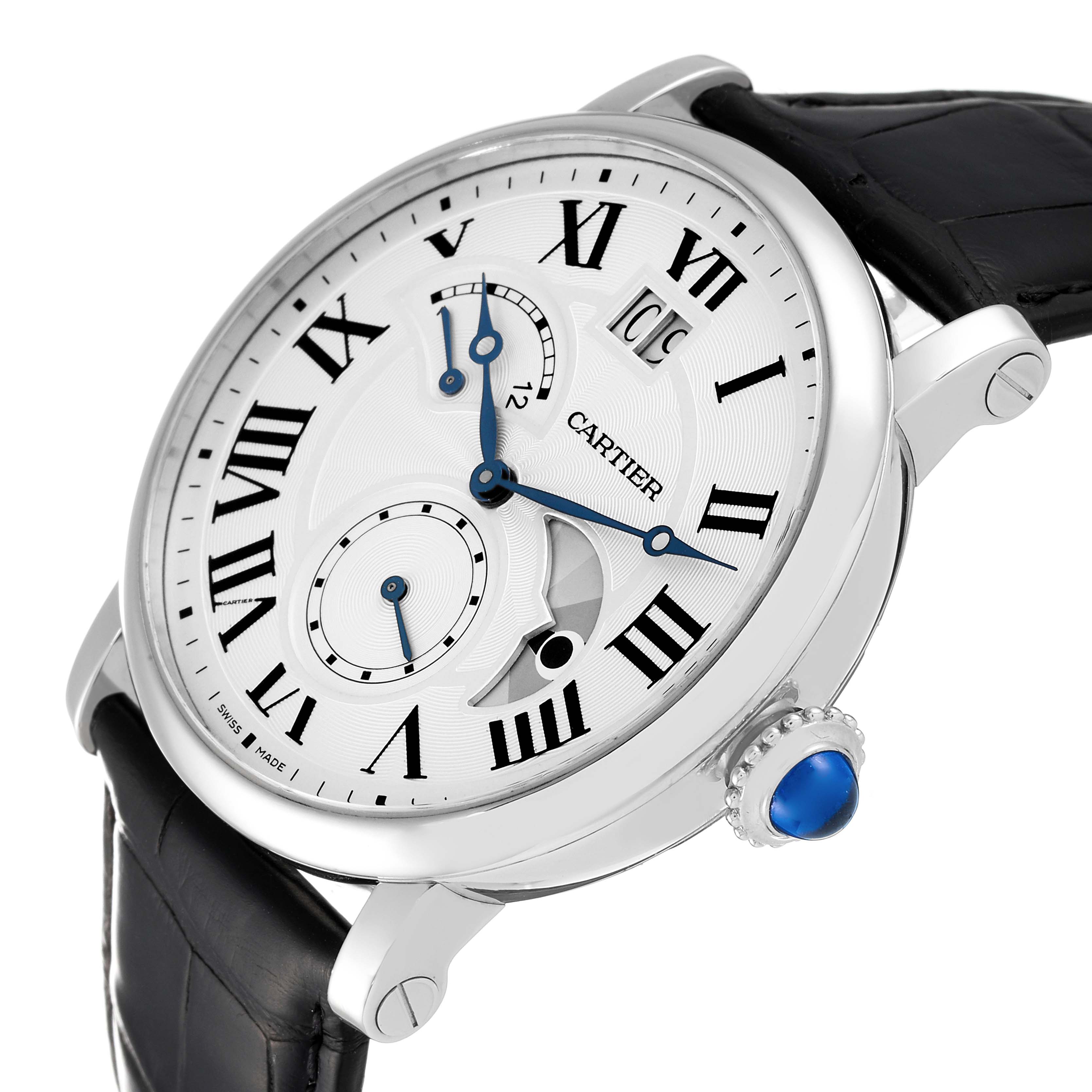 The image shows a Cartier Rotonde W1556368 Men's Stainless Steel Silver Dial W1556368 Men's Stainless Steel Silver Dial watch at a slight angle, displaying its face, crown, and part of the black strap.