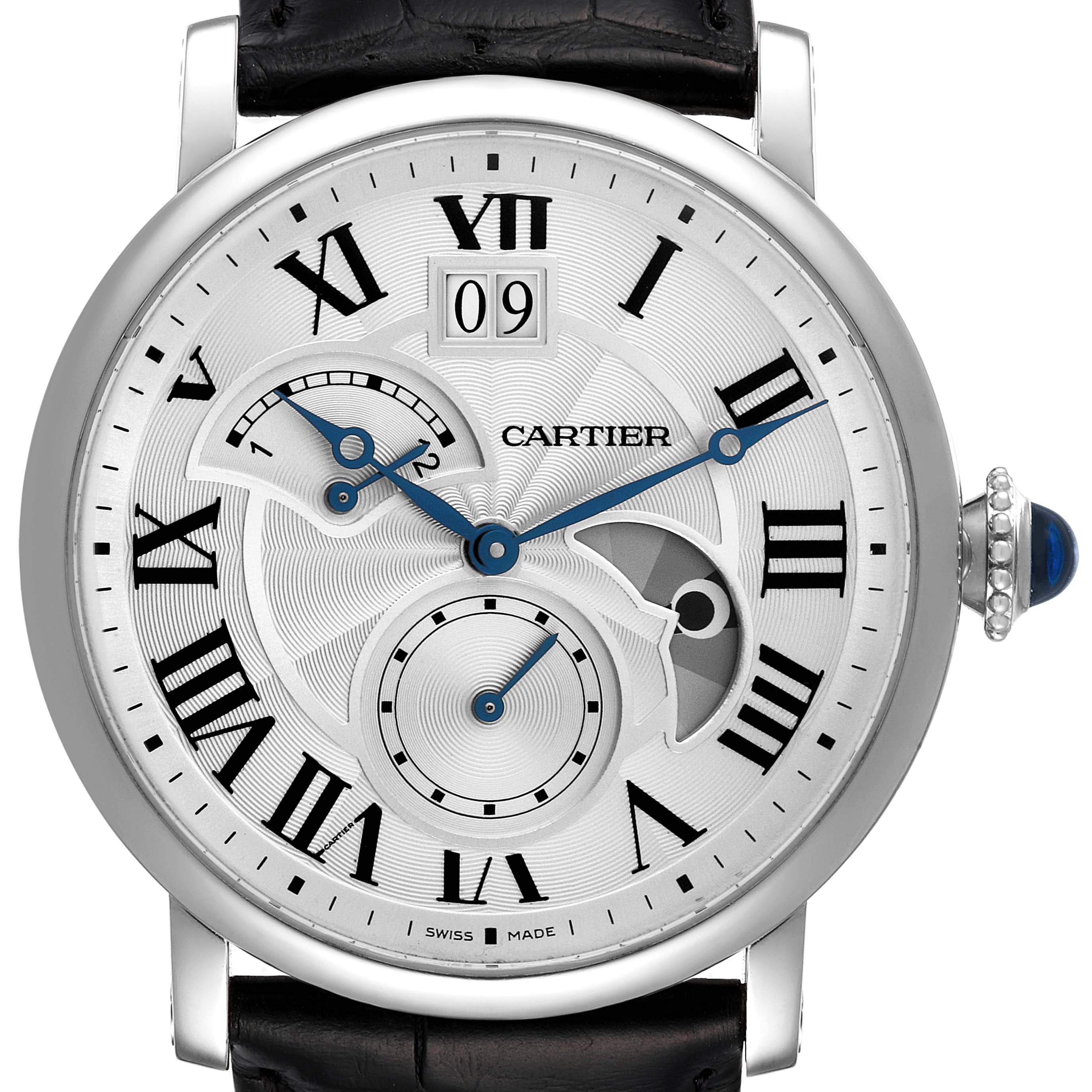 This image shows a close-up front view of a Cartier Rotonde W1556368 Men's Stainless Steel Silver Dial W1556368 Men's Stainless Steel Silver Dial watch, highlighting its dial, hands, and date display.