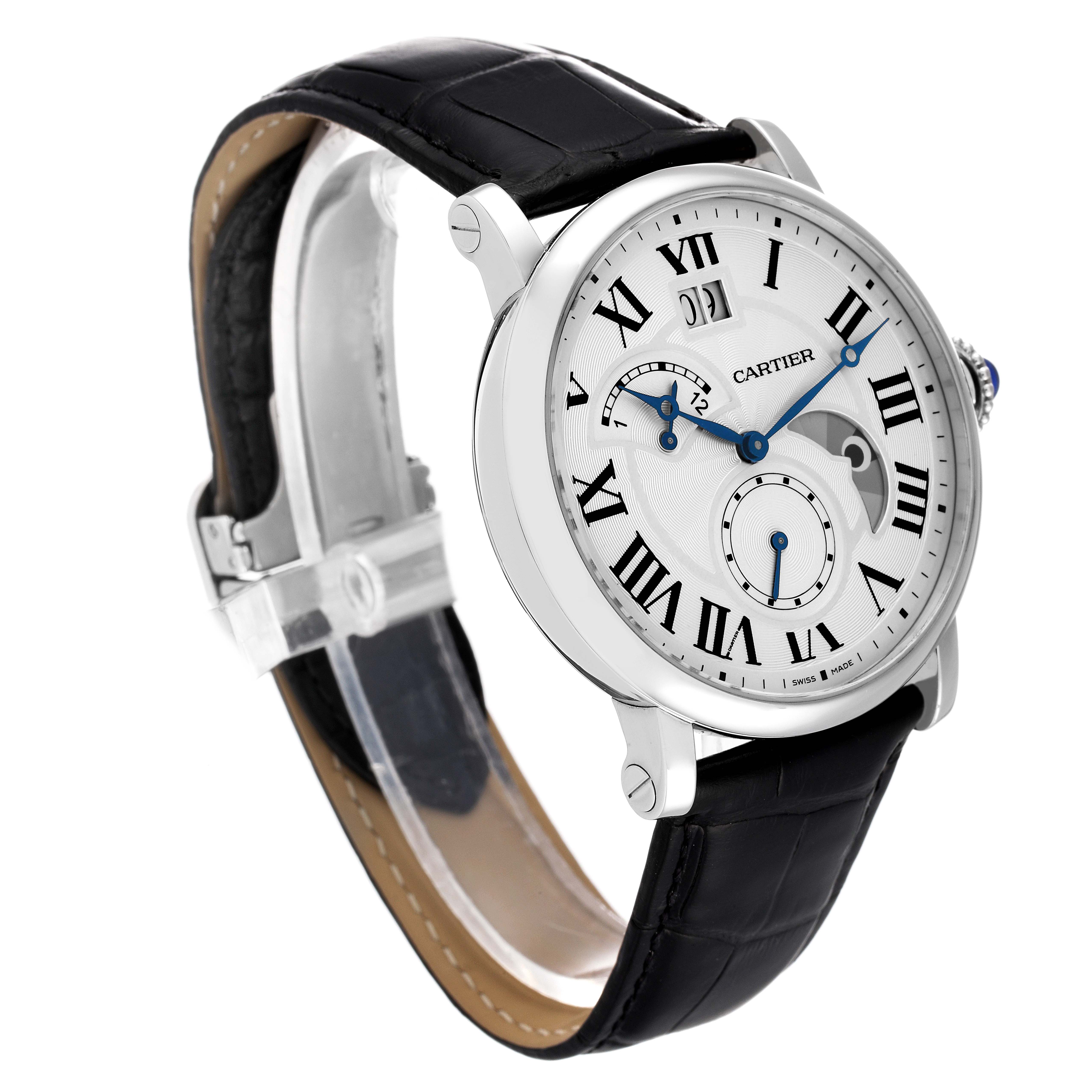 The Cartier Rotonde W1556368 Men's Stainless Steel Silver Dial W1556368 Men's Stainless Steel Silver Dial watch is shown at a slight angle, highlighting the Roman numeral dial, subdials, and leather strap.