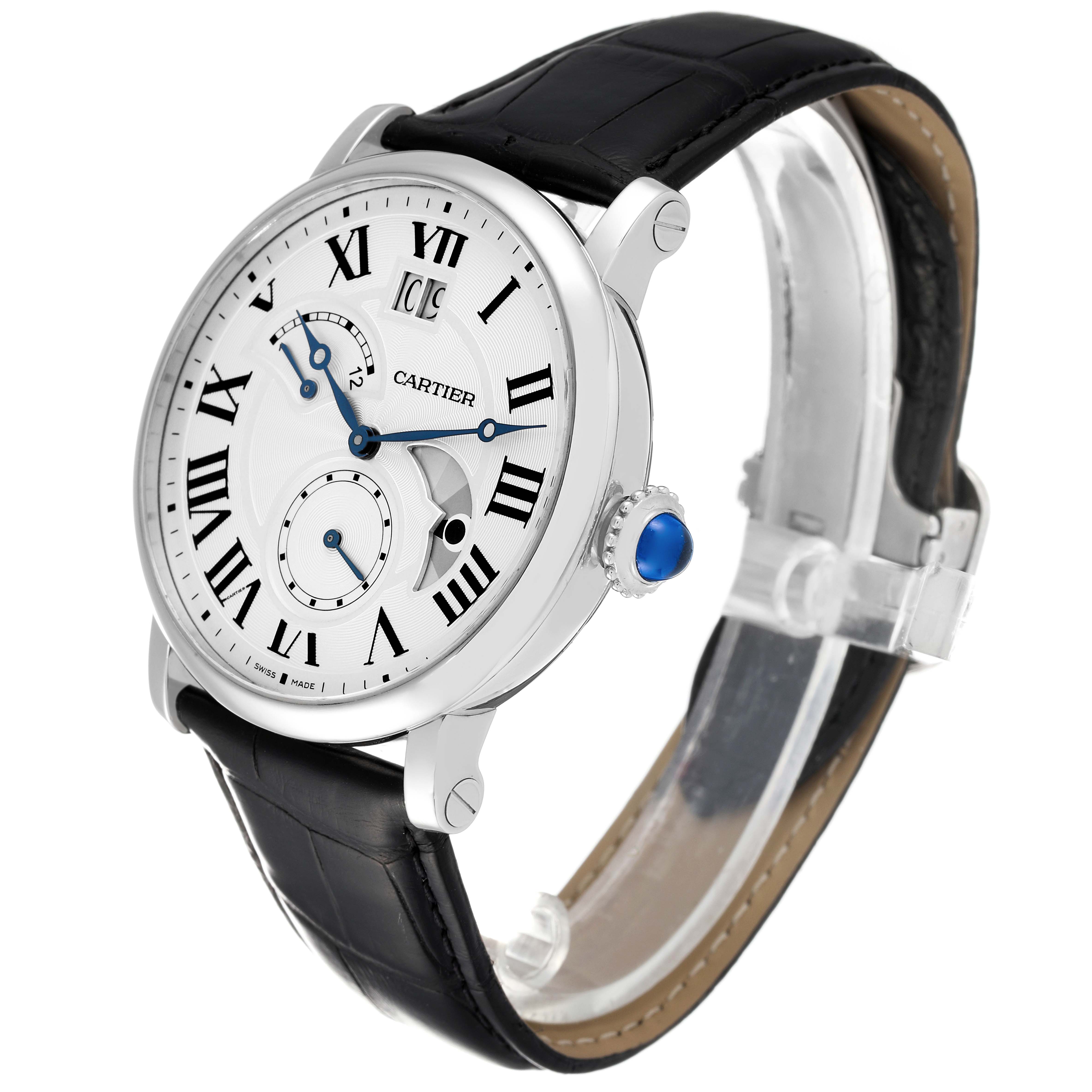 The image shows a Cartier Rotonde W1556368 Men's Stainless Steel Silver Dial W1556368 Men's Stainless Steel Silver Dial watch at a three-quarter angle, depicting its face, crown, and black leather strap.