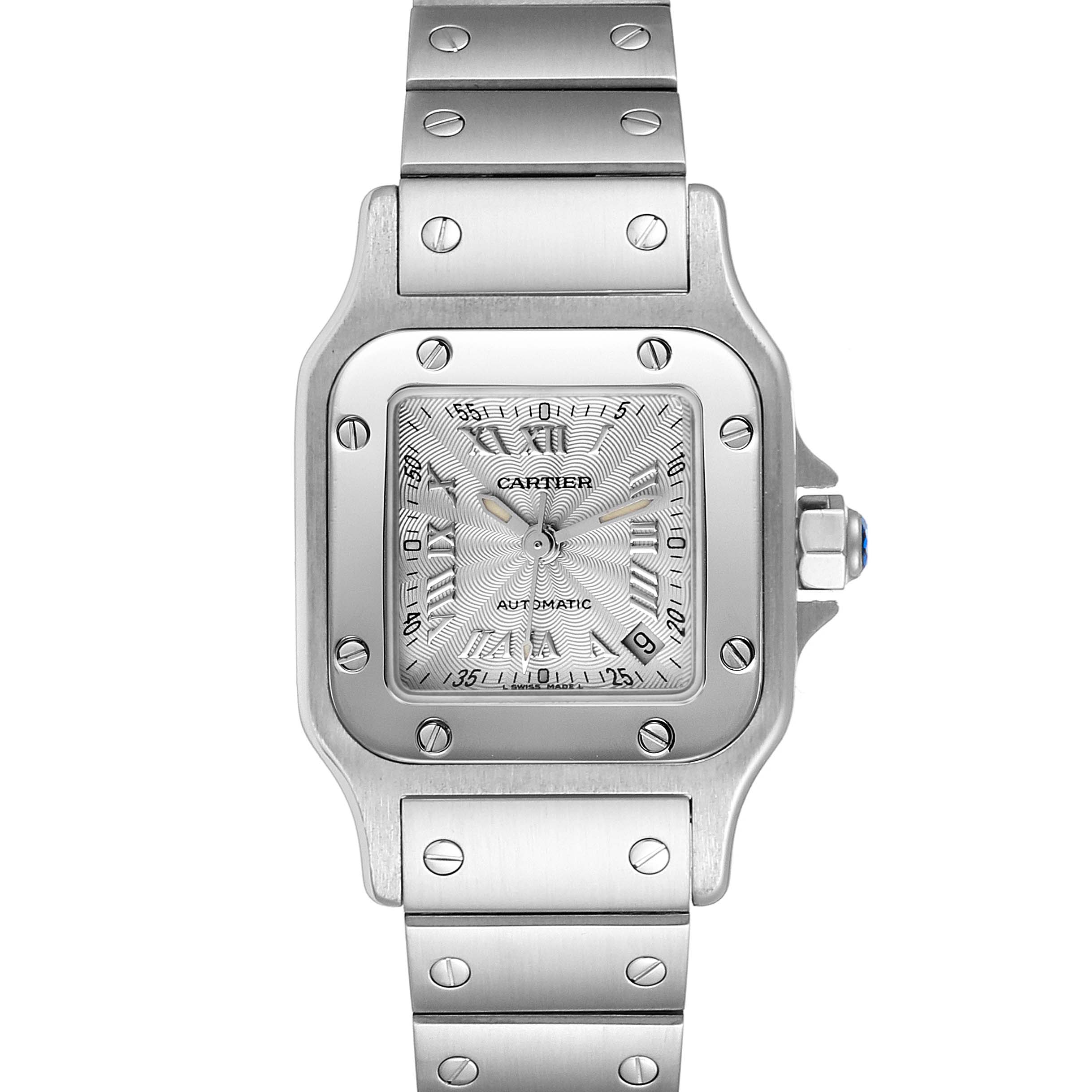 This image shows a frontal view of a Cartier Santos W20044D6 Women's Stainless Steel Silver Dial W20044D6 Women's Stainless Steel Silver Dial watch, highlighting the face, bezel, and bracelet.