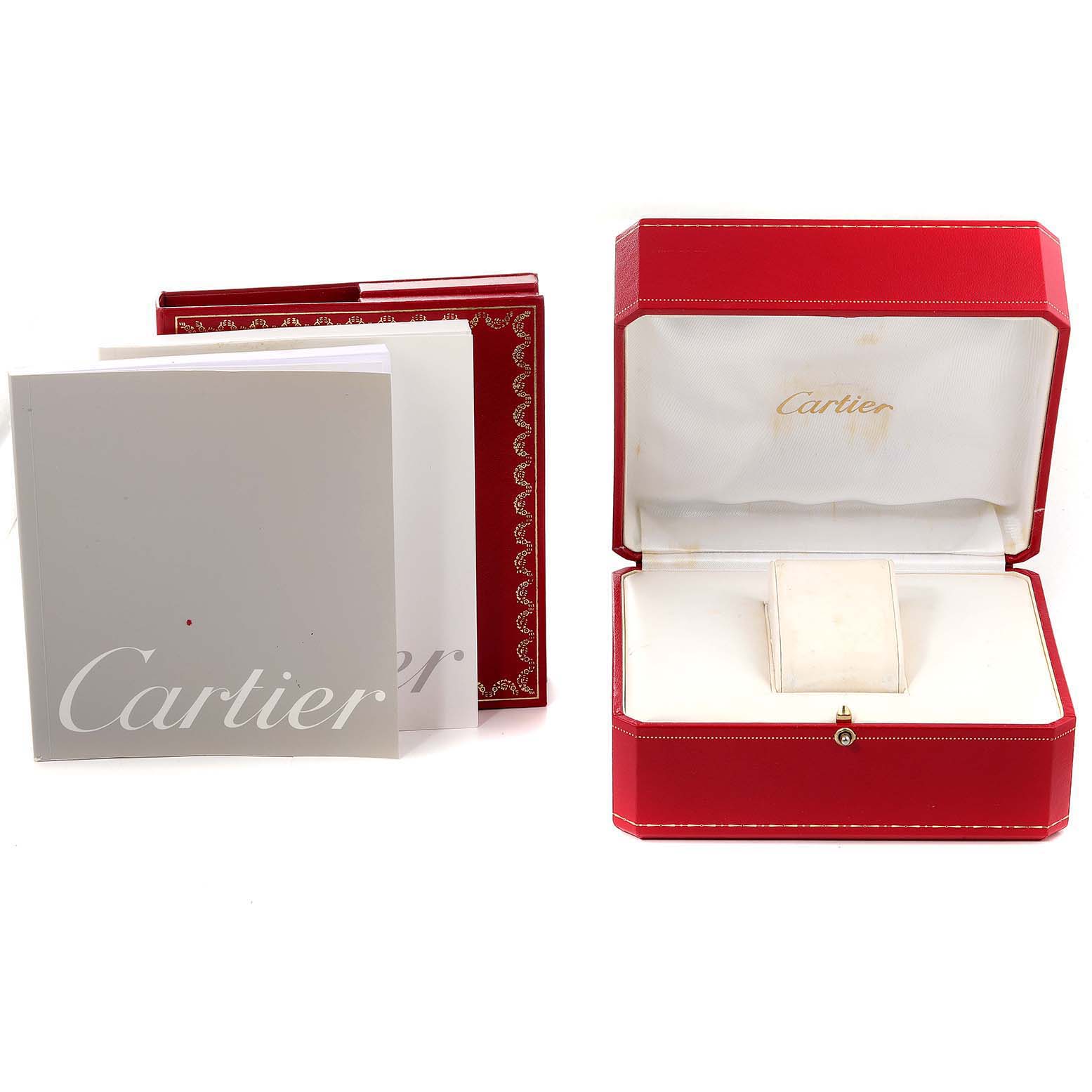 The image shows the empty box and accompanying documentation for a Cartier Santos W20044D6 Women's Stainless Steel Silver Dial W20044D6 Women's Stainless Steel Silver Dial model watch.
