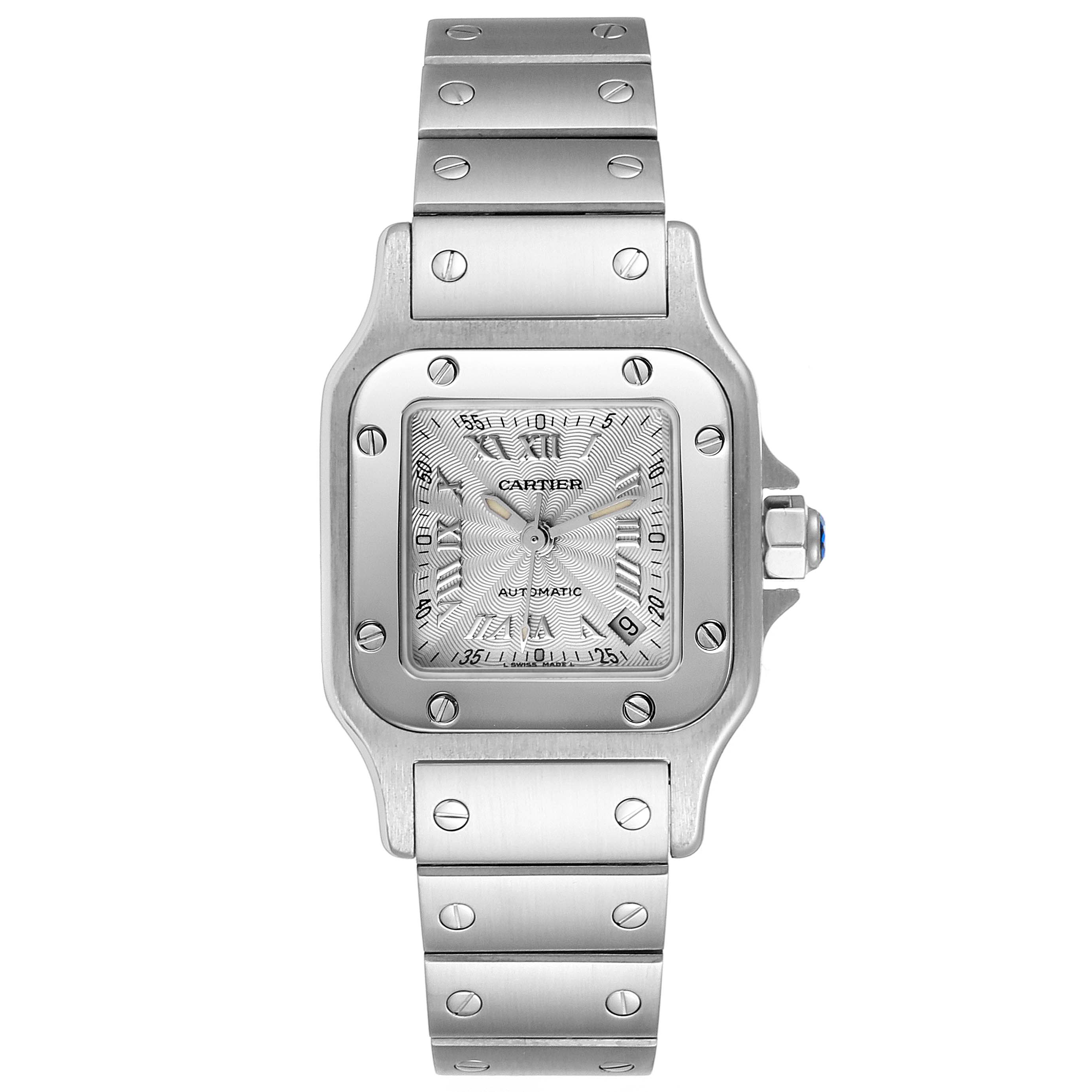 The image shows a front view of a Cartier Santos W20044D6 Women's Stainless Steel Silver Dial W20044D6 Women's Stainless Steel Silver Dial watch, displaying the face, bezel, and part of the metal bracelet.