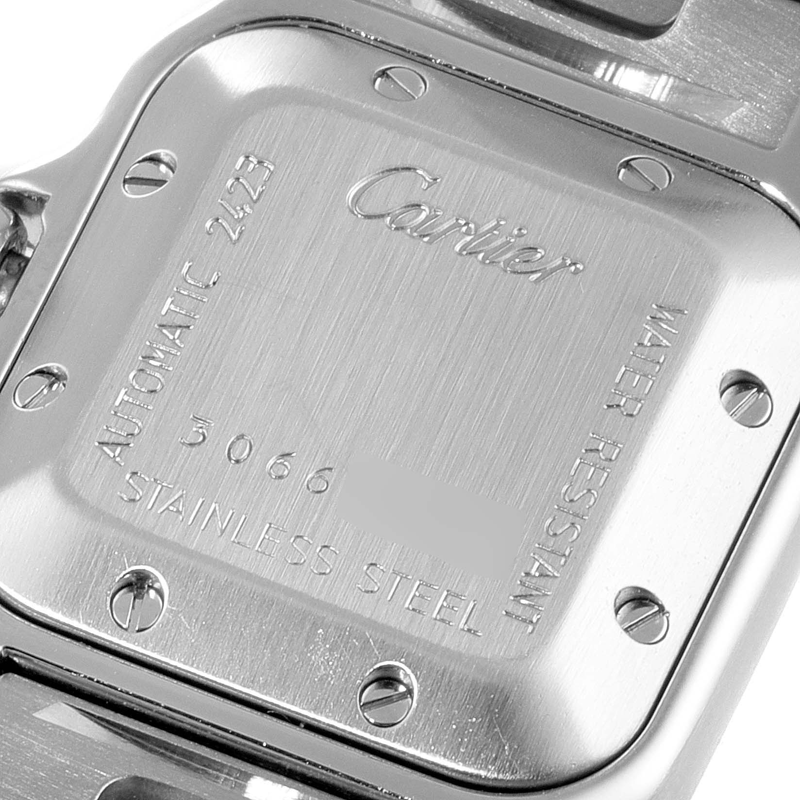This image shows the back case of a Cartier Santos W20044D6 Women's Stainless Steel Silver Dial W20044D6 Women's Stainless Steel Silver Dial watch model, highlighting its material, water resistance, and serial number.