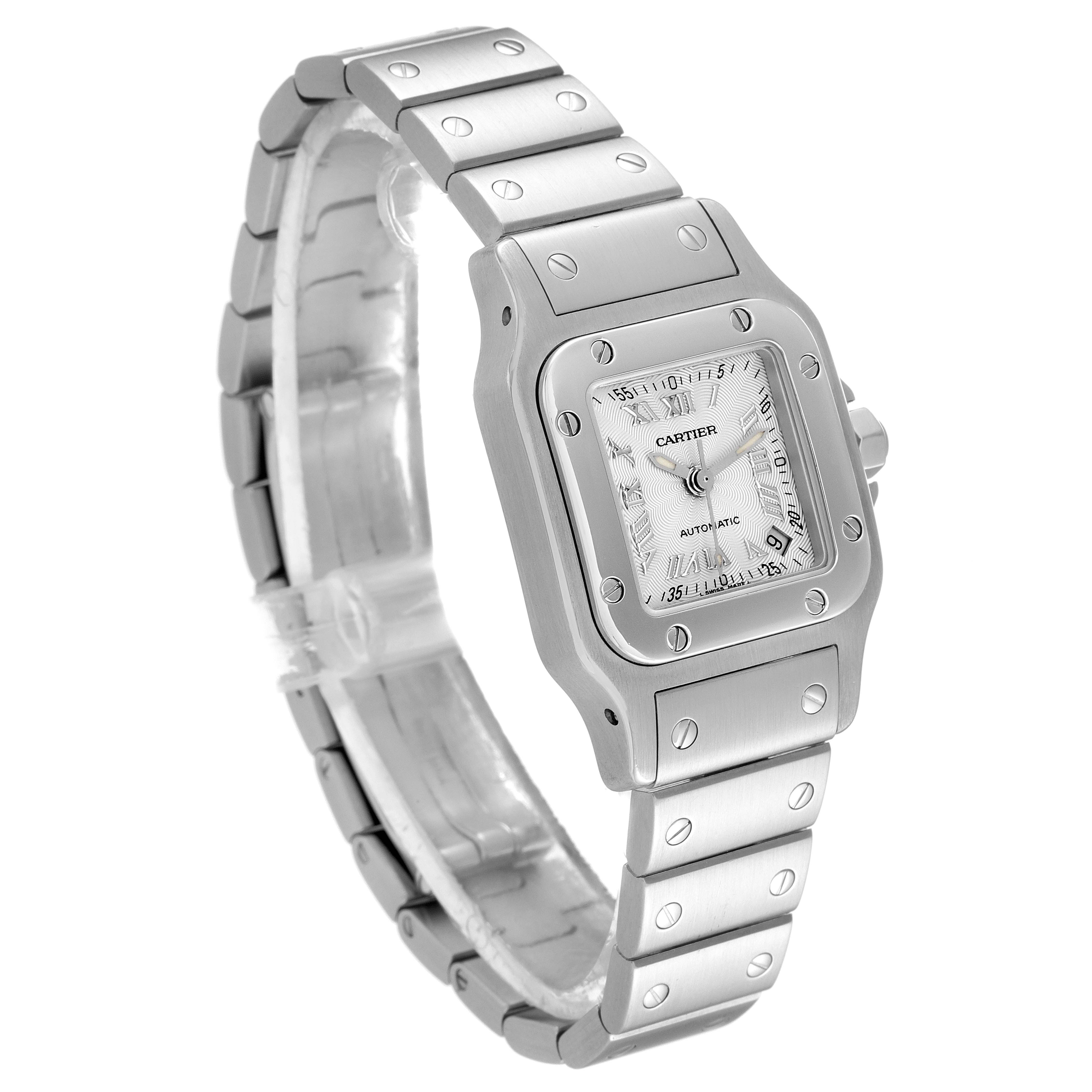 The image shows a side angle of a Cartier Santos W20044D6 Women's Stainless Steel Silver Dial W20044D6 Women's Stainless Steel Silver Dial watch, displaying its face, bezel, and bracelet.