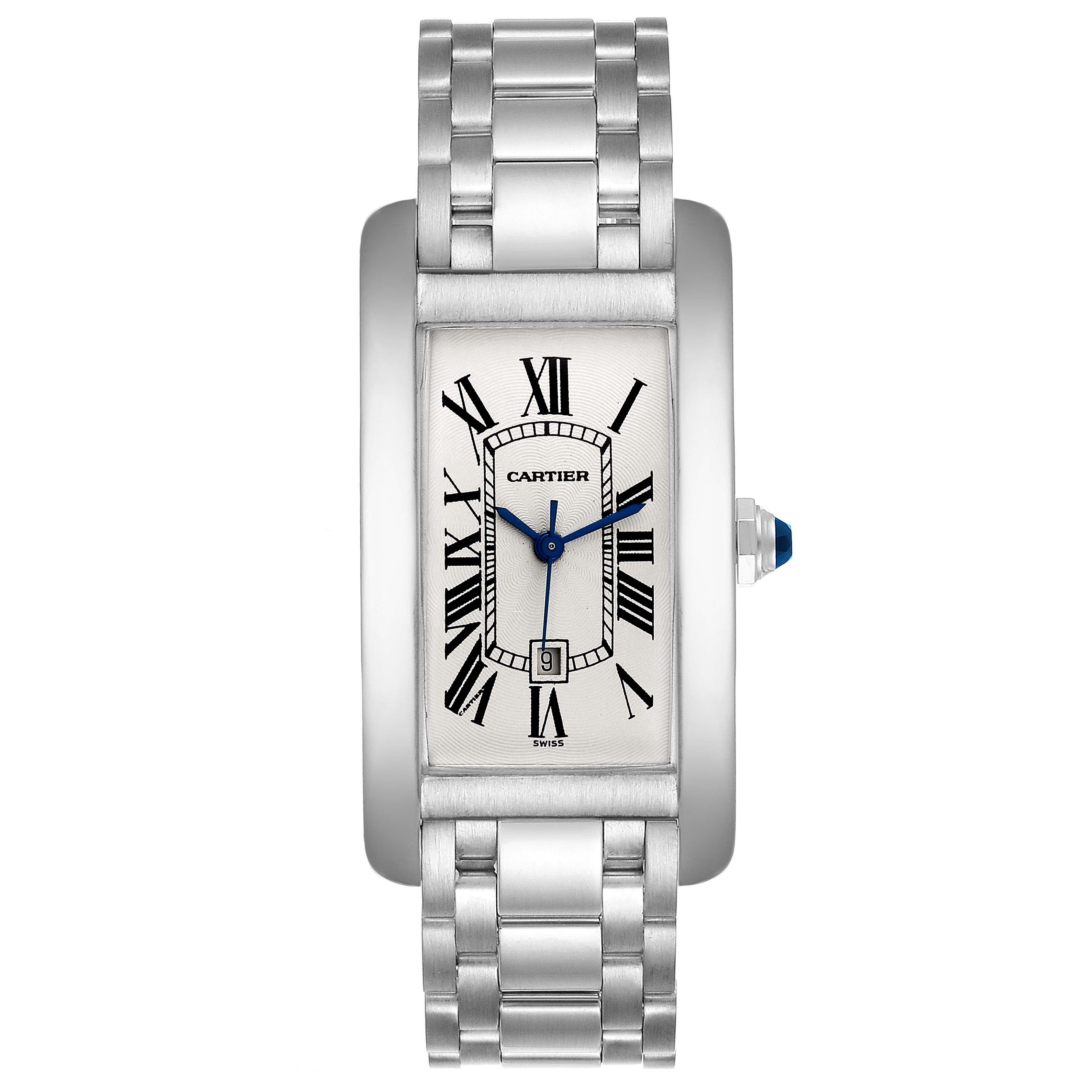 This image shows a front view of the Cartier Tank Américaine watch, highlighting its rectangular face, Roman numerals, and metal bracelet.