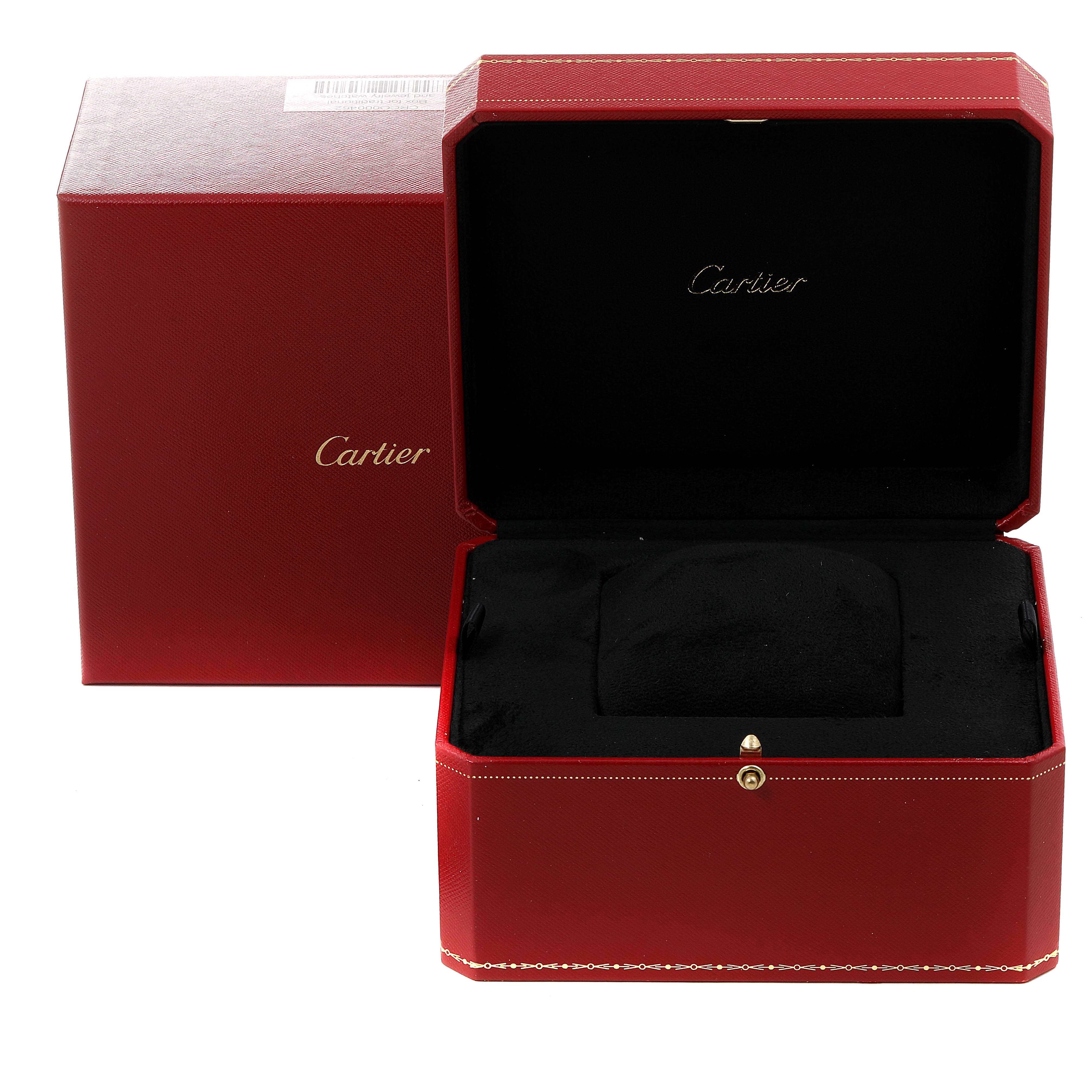 The image shows the opened packaging box for the Cartier Tank Americaine W26036L1 Women's White Gold Silver Dial W26036L1 Women's White Gold Silver Dial watch, focusing on the exterior and interior of the case.