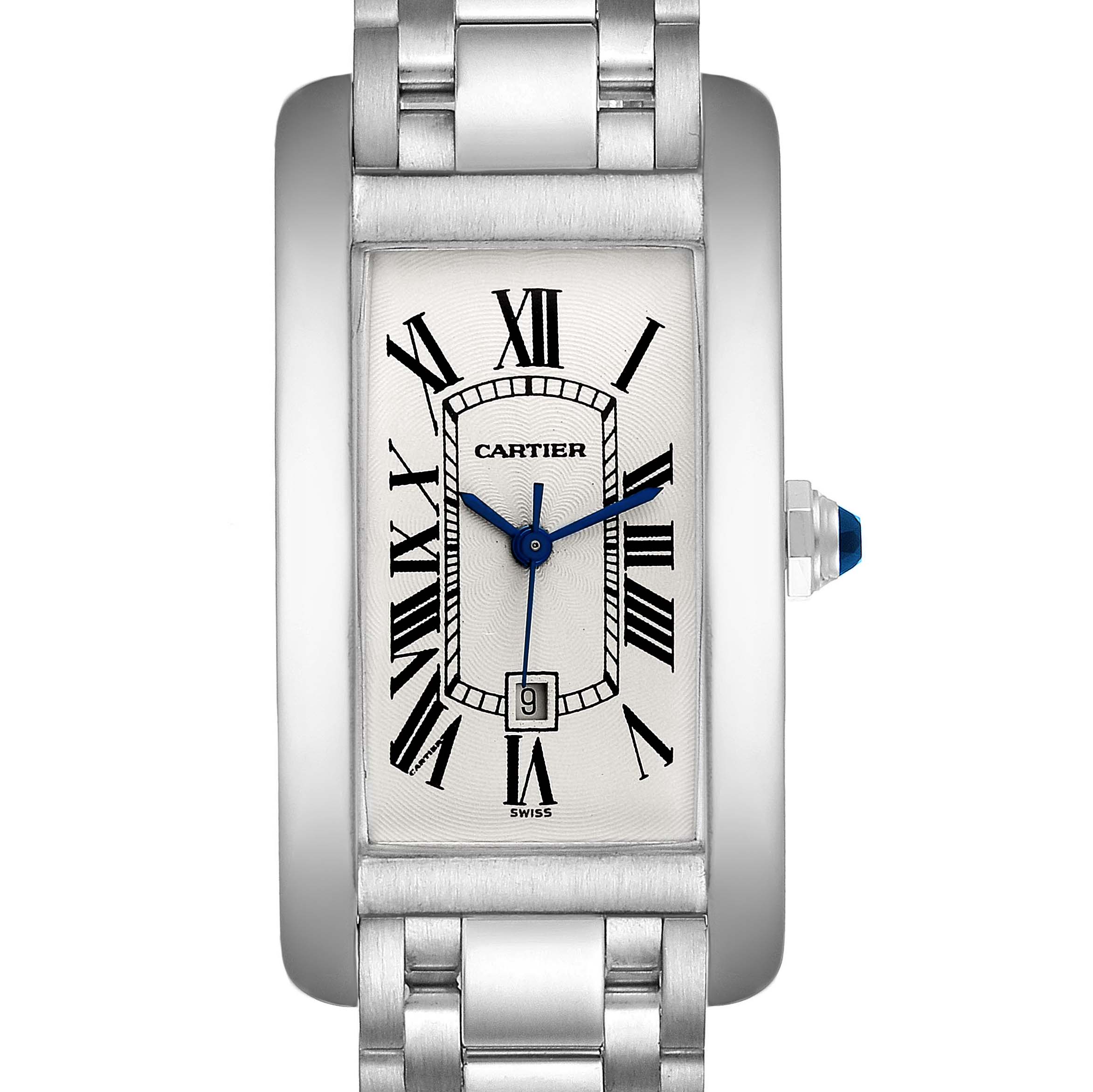 The image shows a frontal view of the Cartier Tank Americaine W26036L1 Women's White Gold Silver Dial W26036L1 Women's White Gold Silver Dial watch, highlighting its rectangular face, Roman numerals, and linked bracelet.