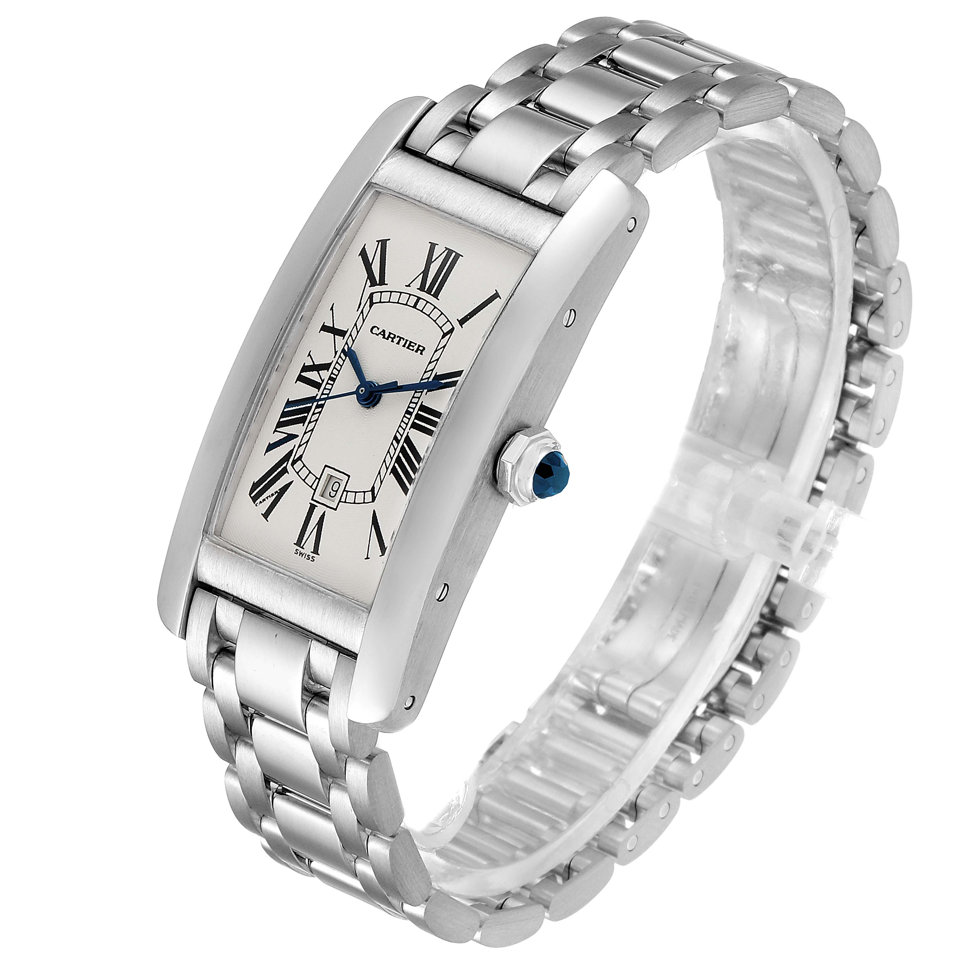 The image shows a three-quarter view of the Cartier Tank Americaine W26036L1 Women's White Gold Silver Dial W26036L1 Women's White Gold Silver Dial watch, highlighting the face, case, dial, and metal bracelet.