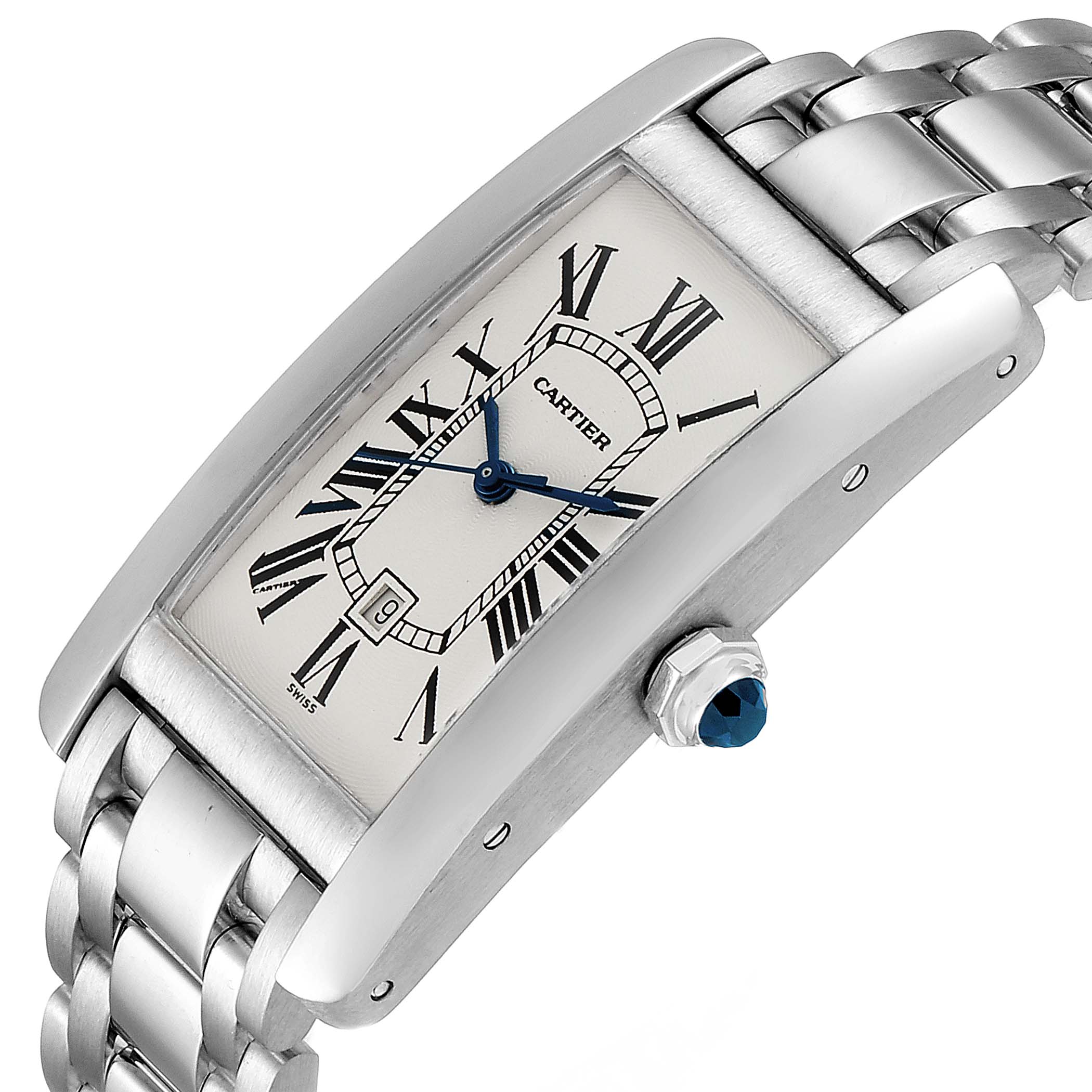 The image shows a Cartier Tank Americaine W26036L1 Women's White Gold Silver Dial W26036L1 Women's White Gold Silver Dial watch at an angled view, highlighting its face, crown, and part of the bracelet.