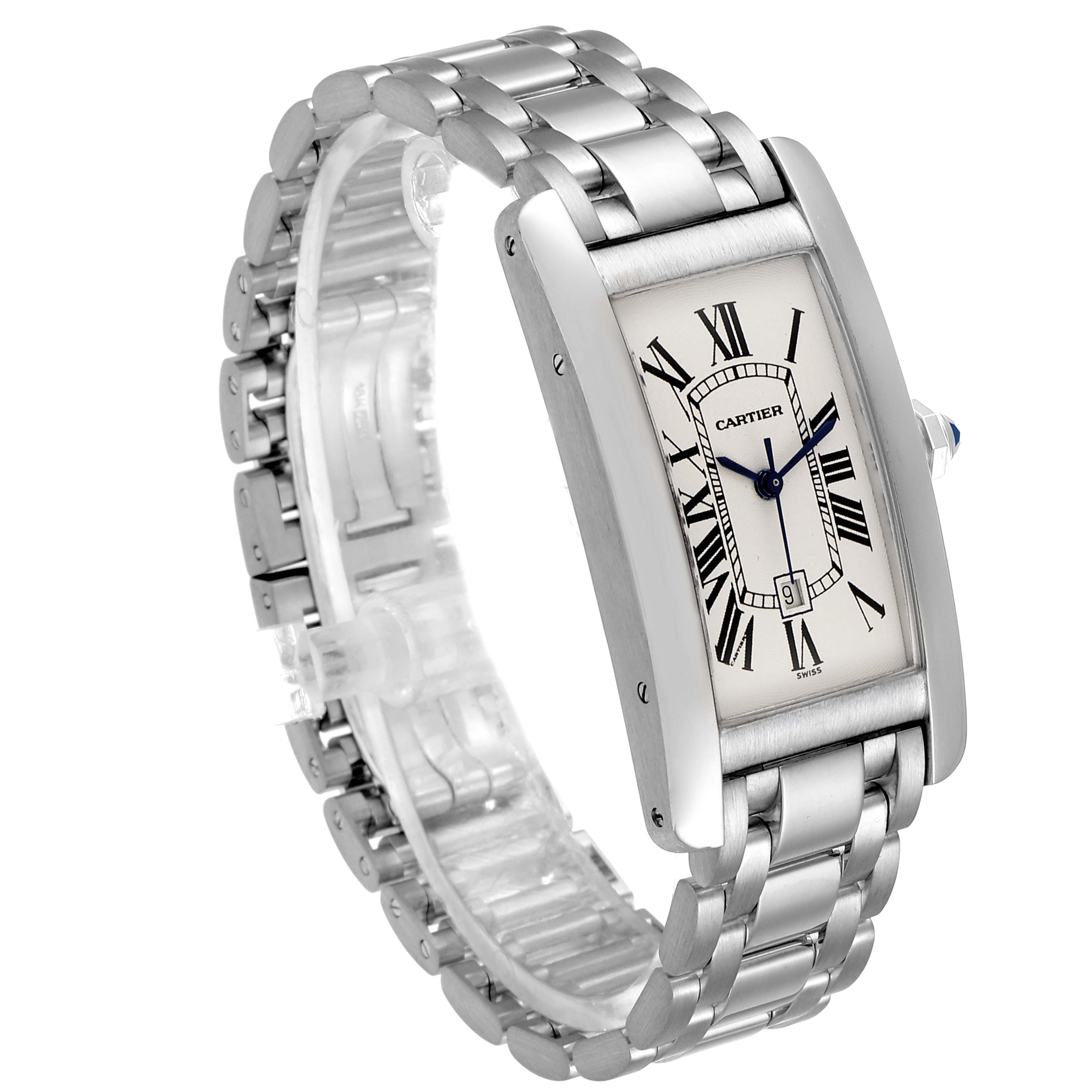 This image shows the Tank Américaine model by Cartier from a three-quarter angle, highlighting the rectangular case and metal bracelet.