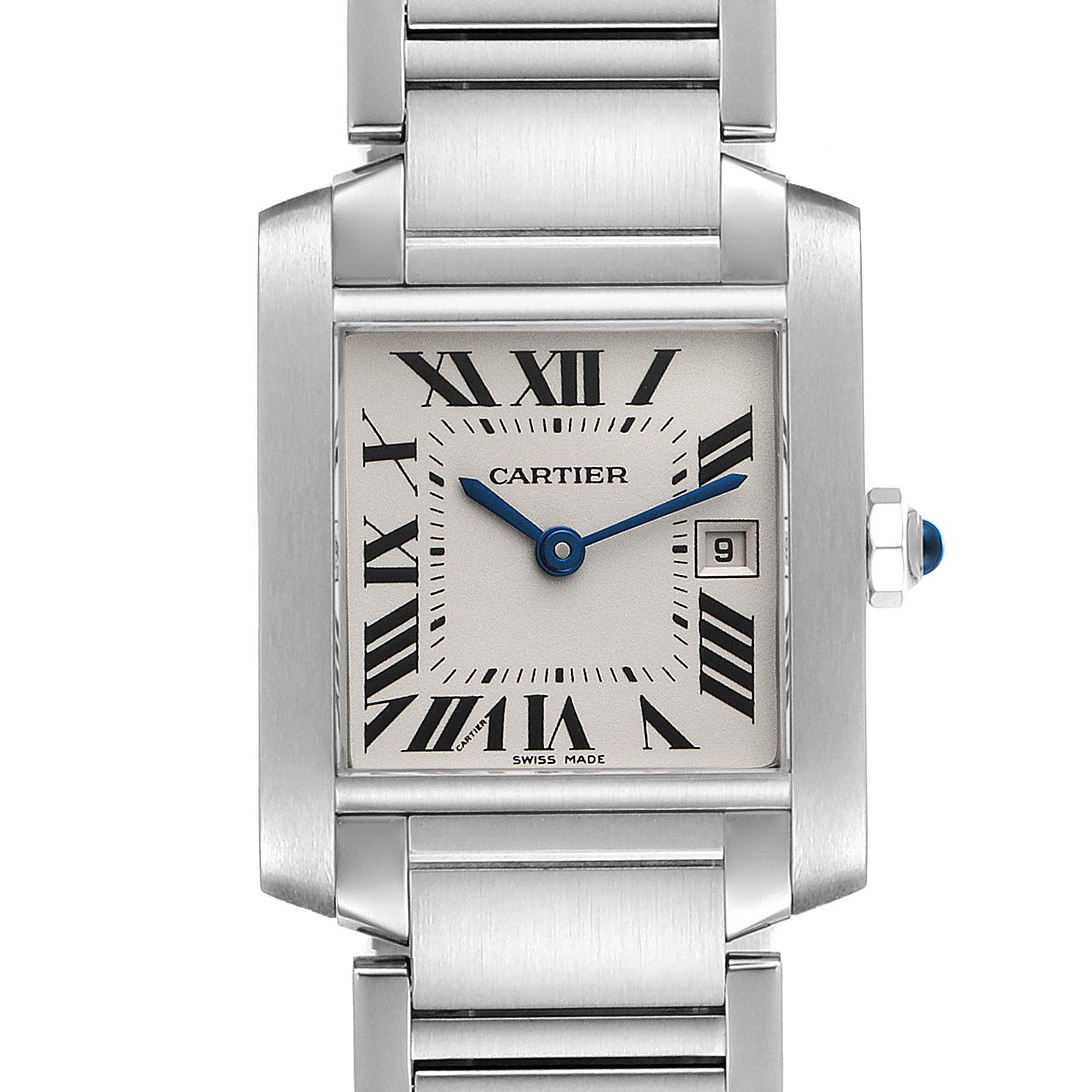 The Cartier Tank Francaise W51011Q3 Women
s Stainless Steel Silver Dial W51011Q3 Women
s Stainless Steel Silver Dial watch is shown from a front angle, displaying the face, bracelet, and part of the crown.