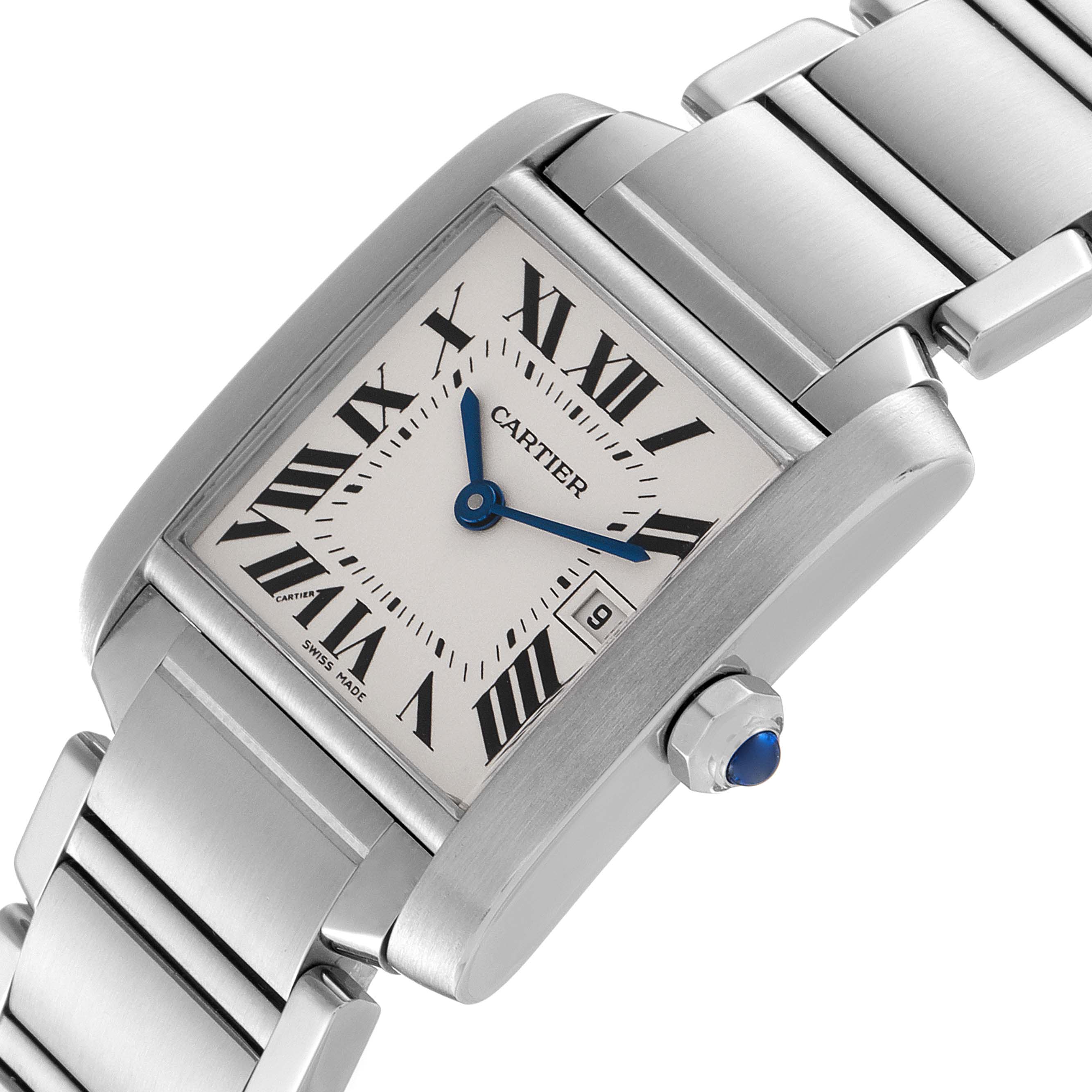 This image shows a Cartier Tank Francaise W51011Q3 Women
s Stainless Steel Silver Dial W51011Q3 Women
s Stainless Steel Silver Dial watch at an angled view, highlighting its dial, bracelet, and crown with a blue cabochon.
