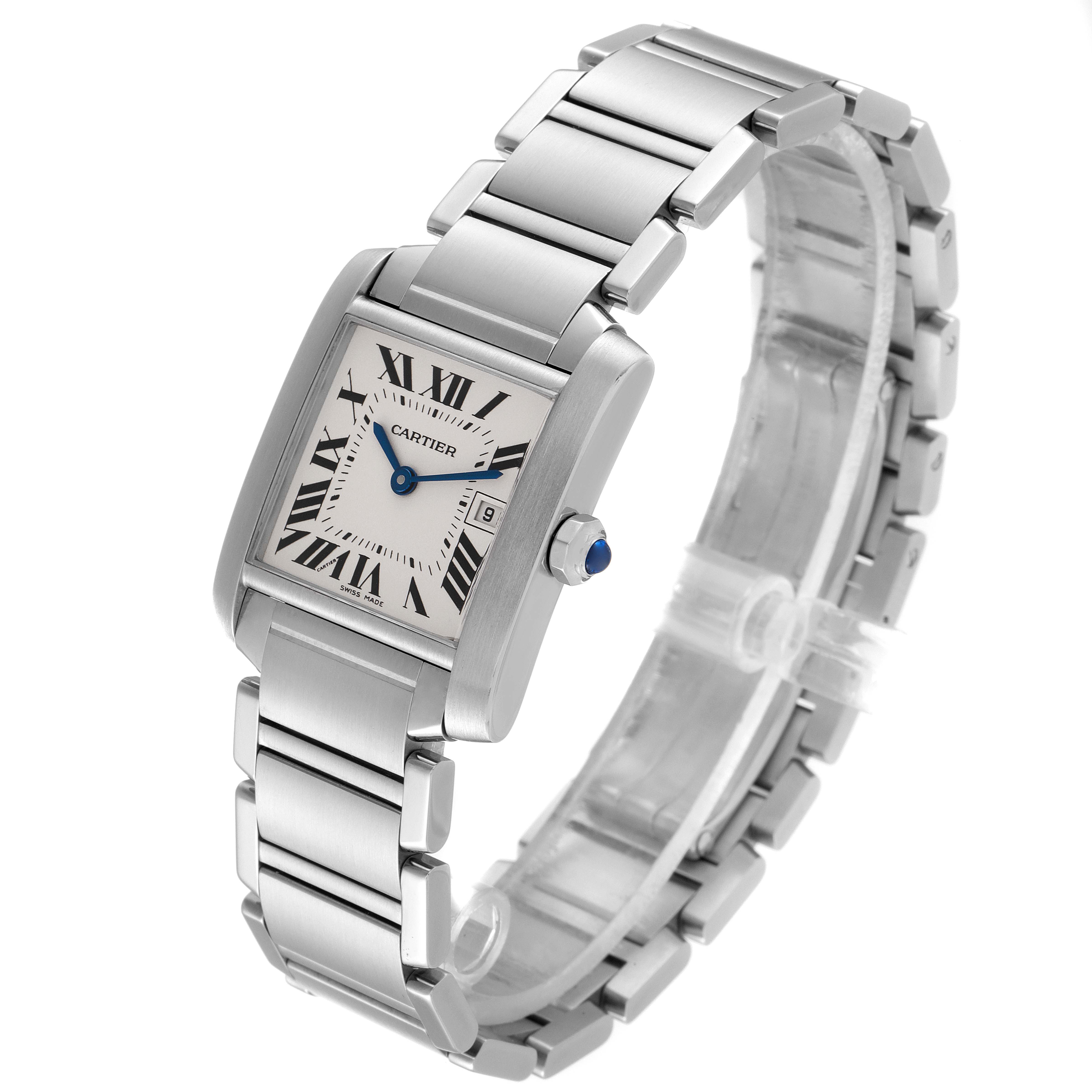 This image shows a Cartier Tank Francaise W51011Q3 Women
s Stainless Steel Silver Dial W51011Q3 Women
s Stainless Steel Silver Dial watch angled to display the face, bezel, and stainless steel bracelet.